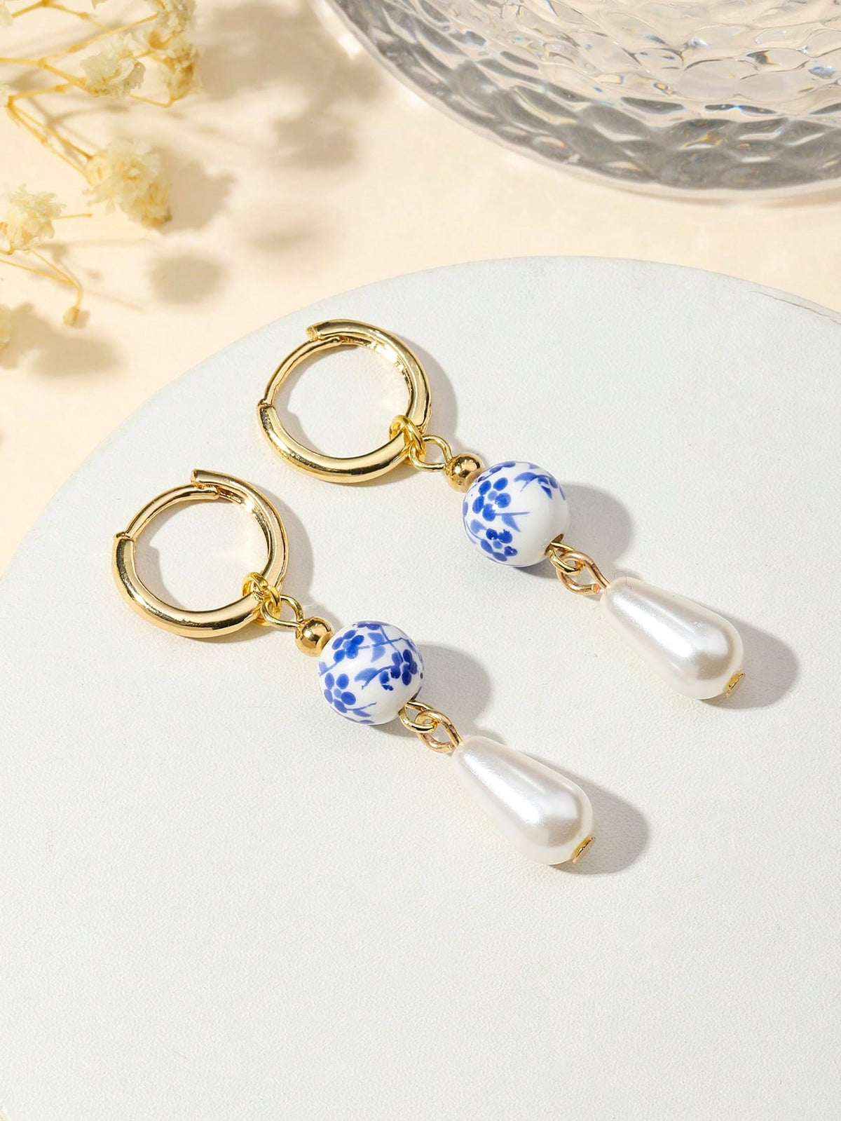 1pair Vintage Style Faux Pearl & Blue And White Porcelain Pendant Dangle Earrings Suitable For Women's Daily Wear