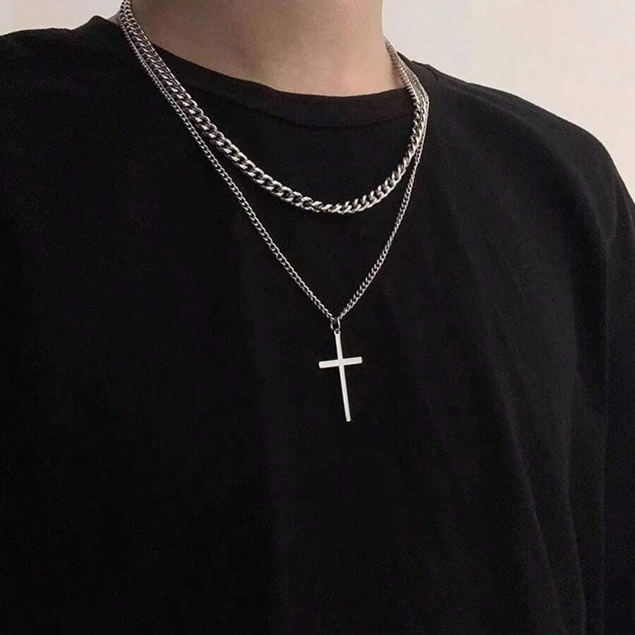 1pc Fashionable European & American Style Stainless-Steel Unisex Necklace With Double-Layer Cross Pendants, Layered Design, Cool & High-End, Suitable For Daily Wear, Gifts & Accessories