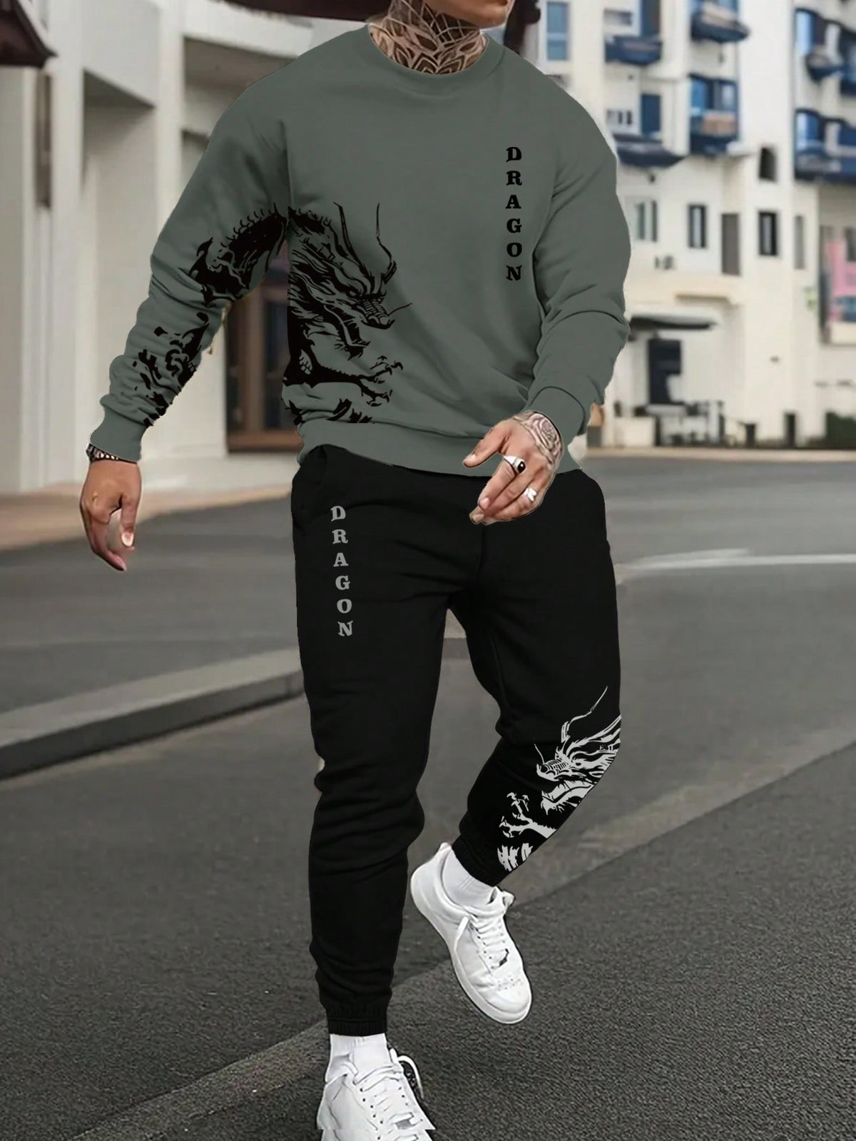 Manfinity LEGND Men's Chinese Dragon Print Sweatshirt And Sweatpants Two-piece Set