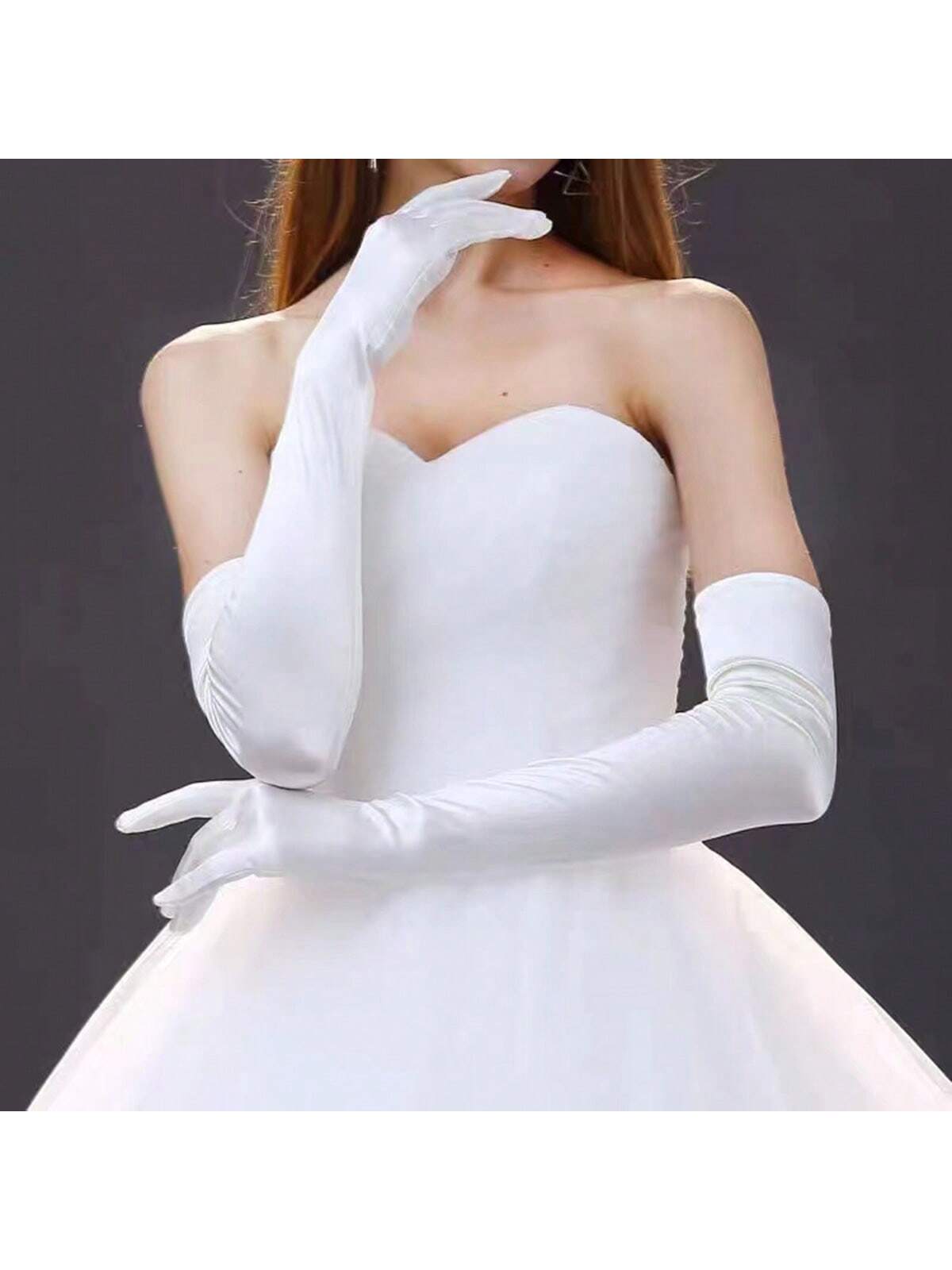 1pc Long Elastic Satin Gloves For Wedding, Party, Sun Protection And Stage Performance