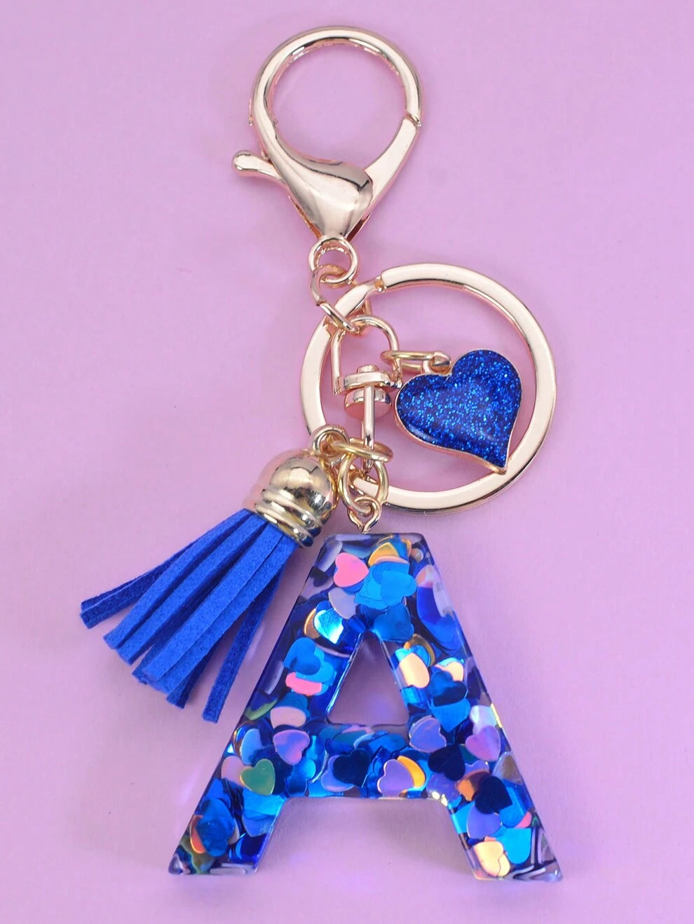 1pc English Alphabet Shaped Keychain With Blue Sequin Polyresin Heart Shape Pendant Tassel Decoration Gift Key Ring