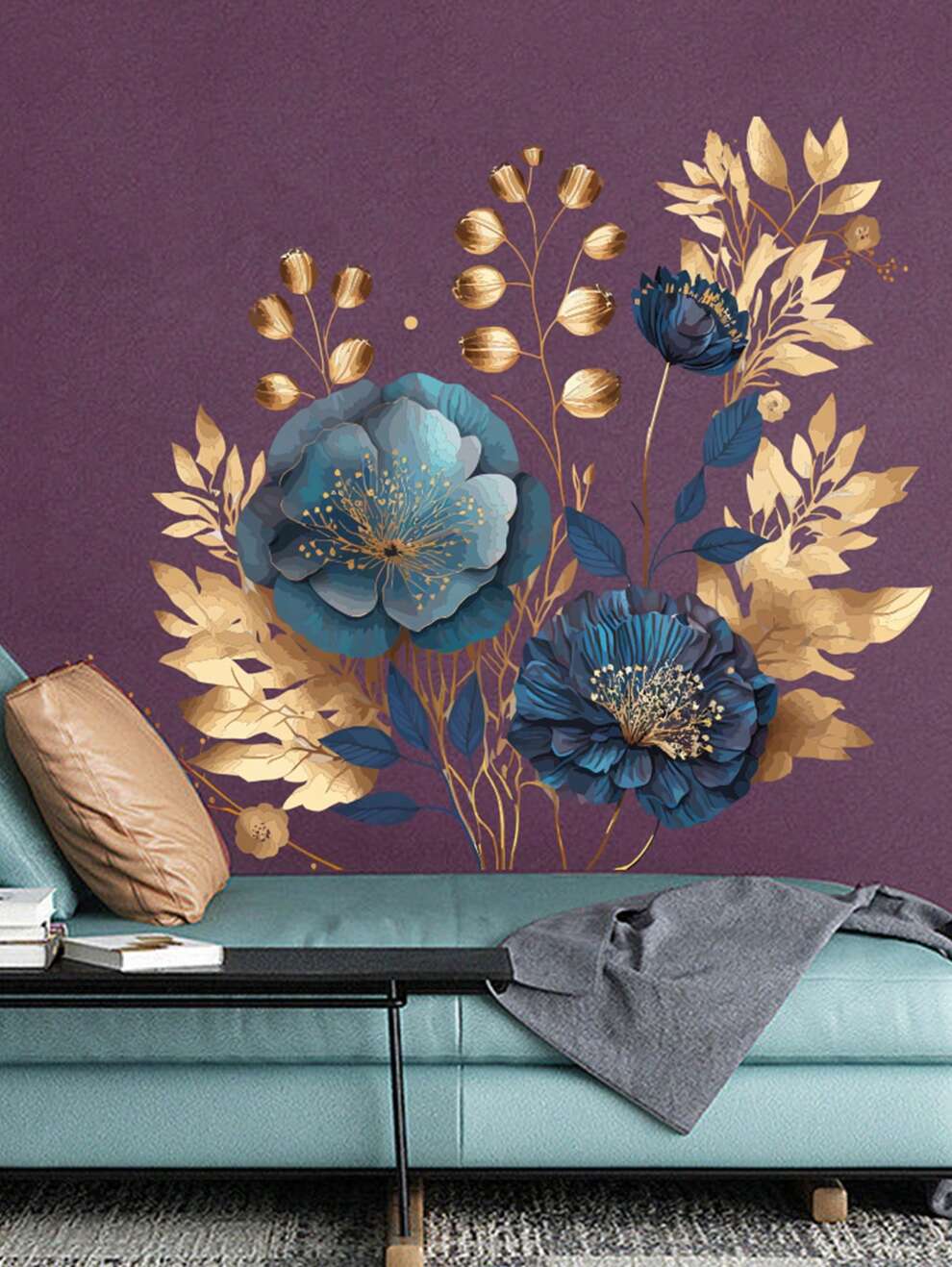 1pc blue petals golden flower on the other side of the decorative wallpaper, suitable for the living room wall glass pvc material decoration