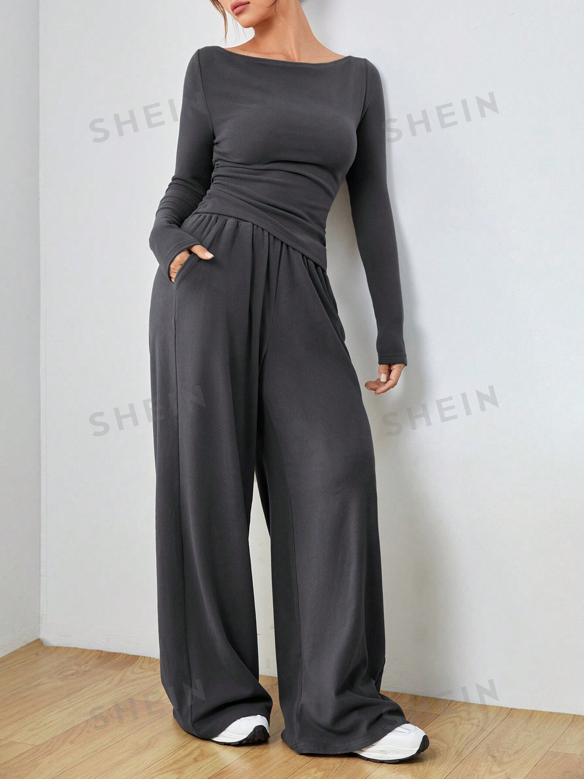 SHEIN EZwear Knitted Women's Slim Fit Boat Neck Long Sleeve Top And Wide Leg Pants Set