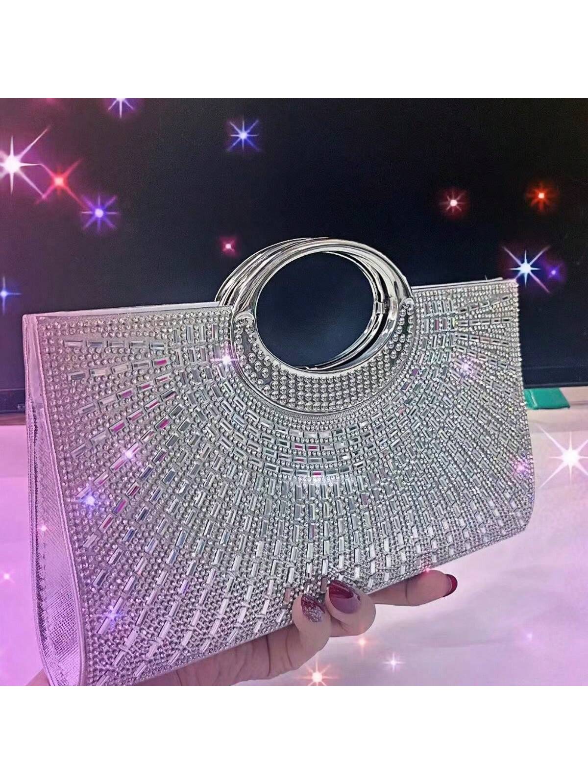 New Luxury Rhinestone Embellished Square Clutch Bag, Women's Evening Party Purse, Bridal Shoulder Bag