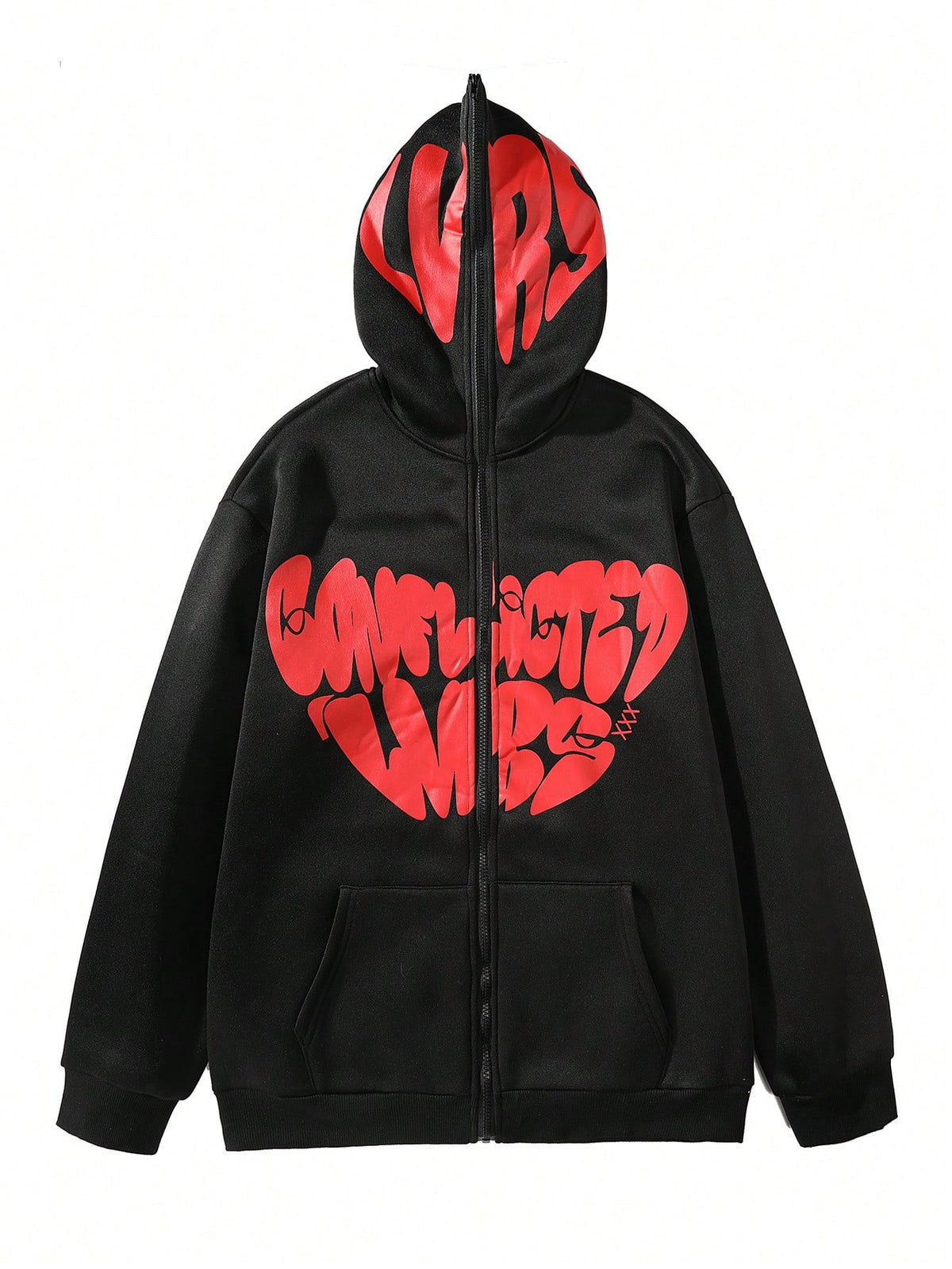 Manfinity Hypemode Men's Letter Printed Fleece Hooded Zip-Up Sweatshirt