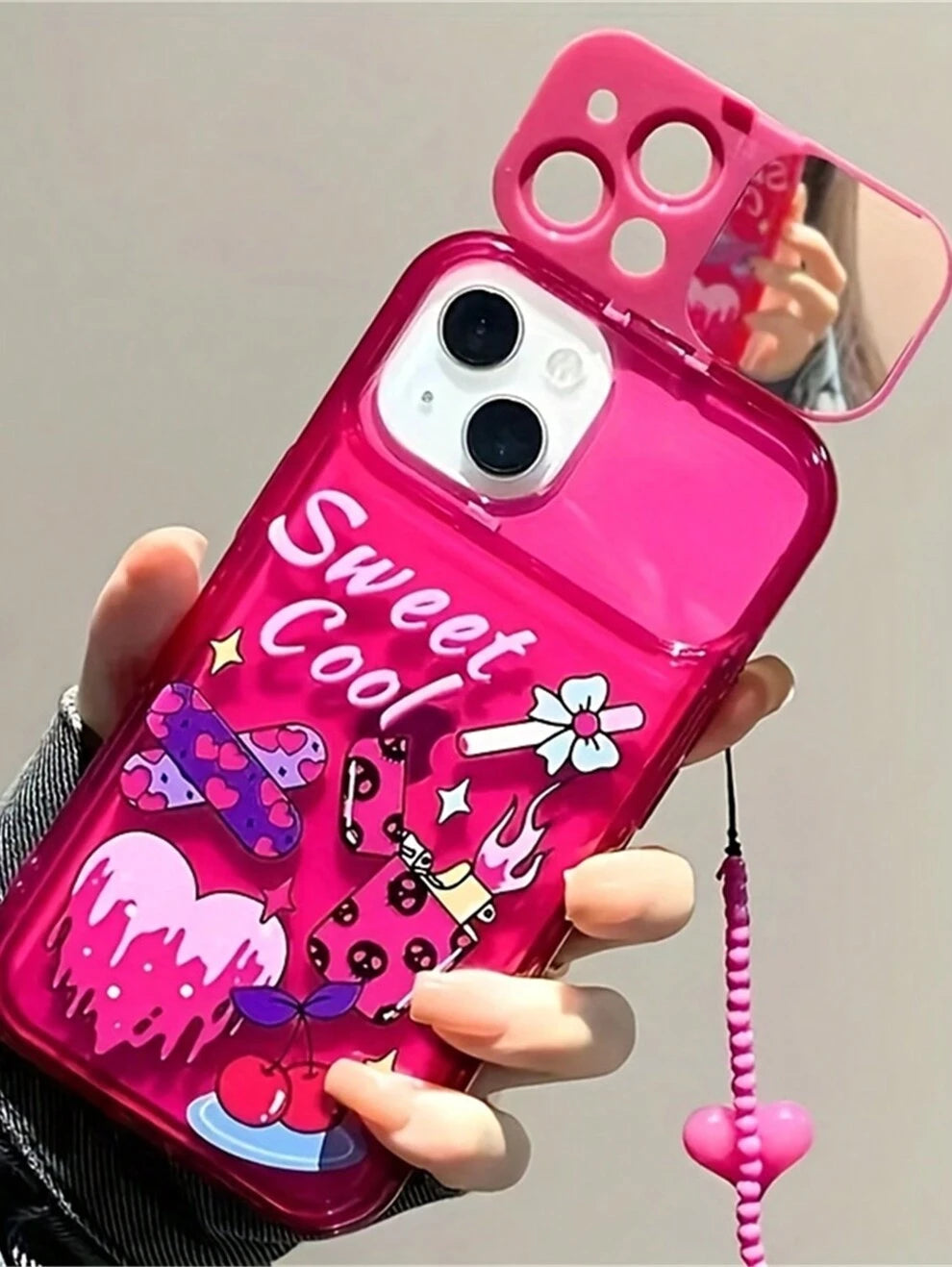 Summer 1PC Pink Cute Cartoon Mirror Camera Love Heart Bracelet Clear Phone Case Comptible With Apple IPhone 14 13 12 11 X XR XS 8 7 Mini Plus Pro Max SE, Sweet Cool Gift For Easter Day, Christmas Hall