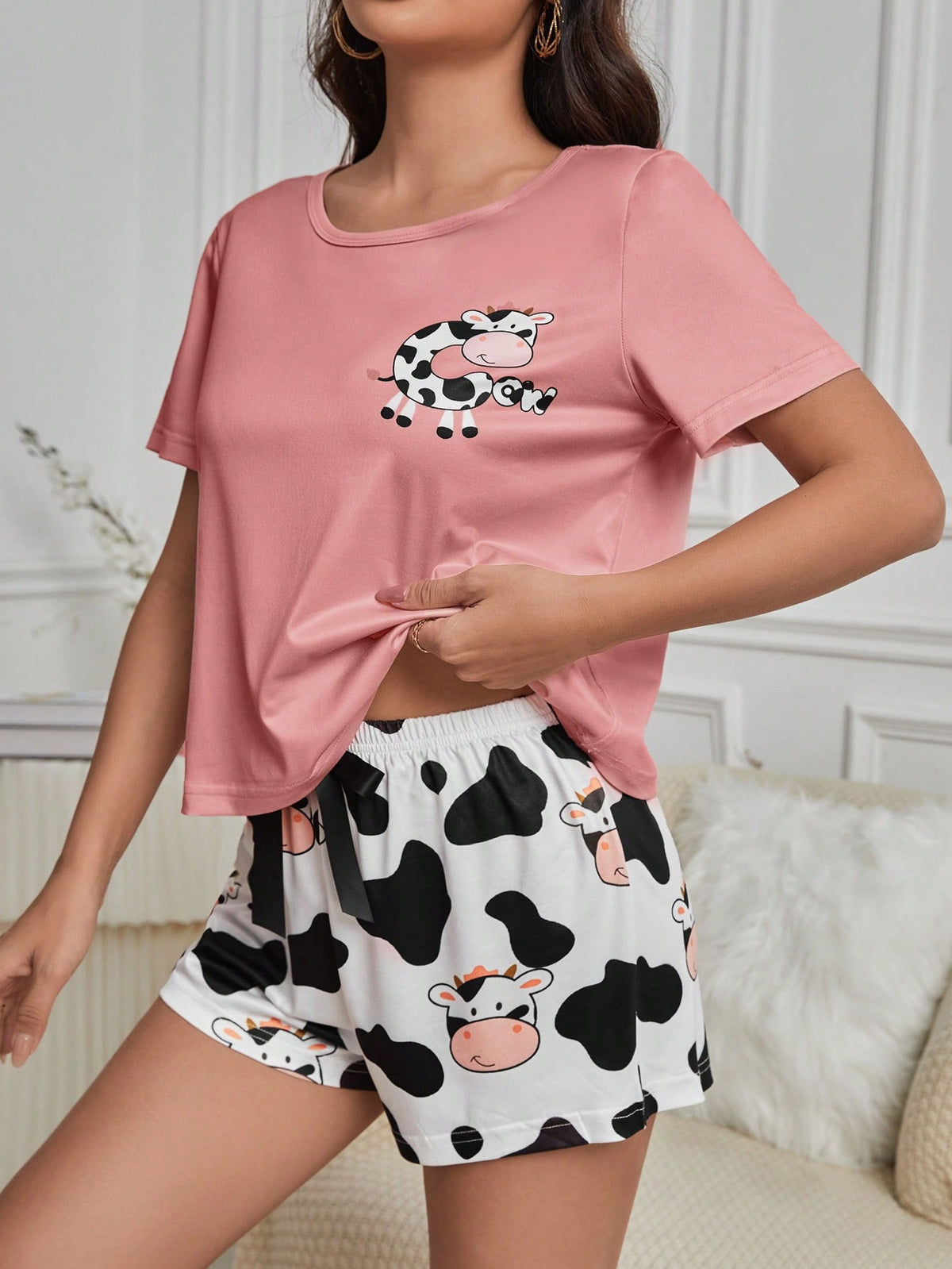 Cow Print Tee & Shorts PJ Set / Pajama Set