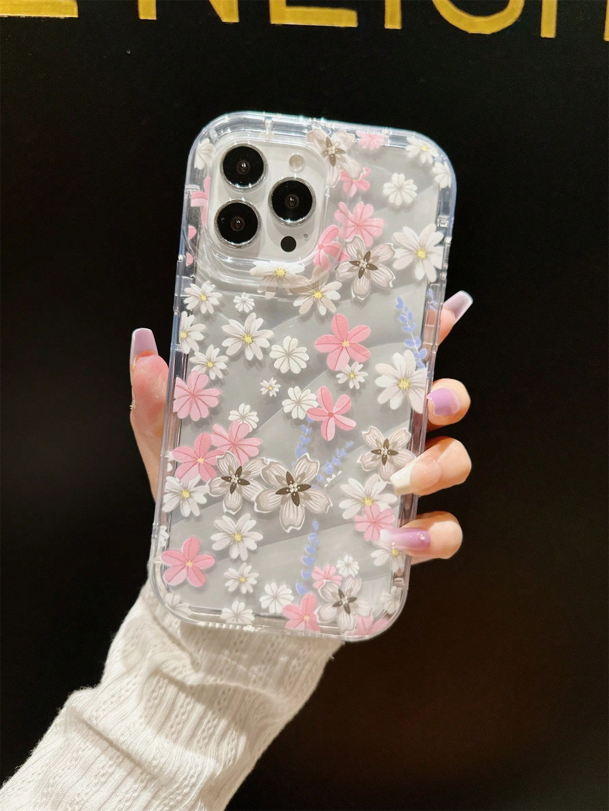 1pc Pink Flower Patterned Shockproof Phone Case With Finger Grip Compatible With Iphone 15promax/14plus/13promax/12/11/7g/7p/ix/xr/xsmax