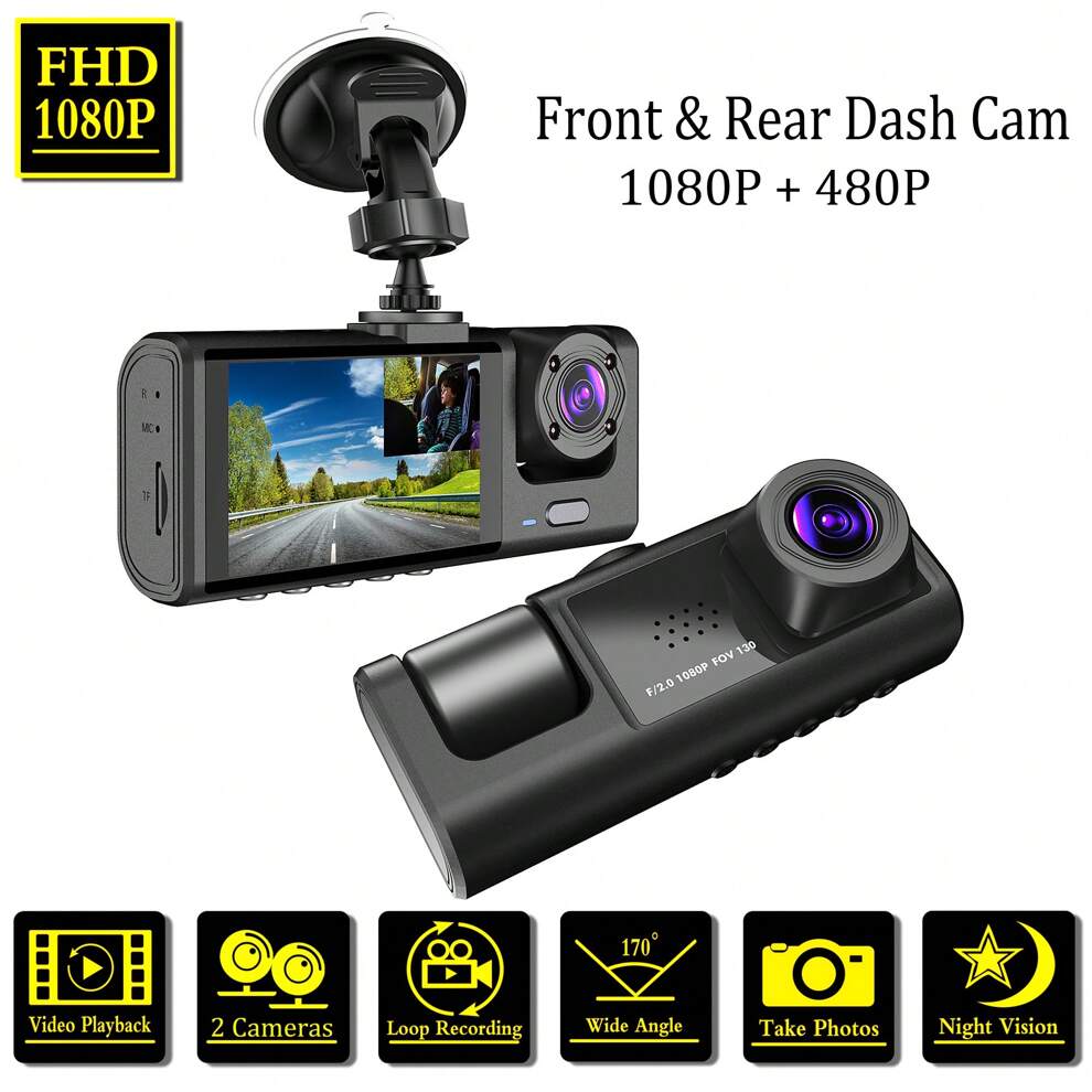 1pc,Dash Cam Front and Inside,2 Channels Dash Camera for Cars, 1080P FHD DVR Car Dashboard Camera with Loop Recording,2 inch Display