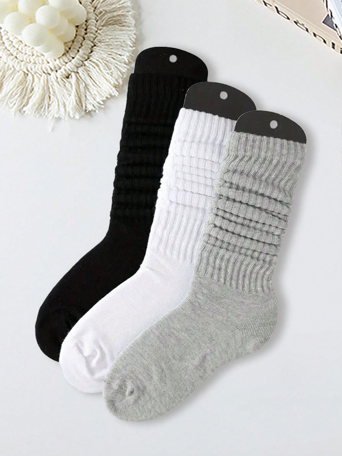 3pairs White Solid Color Basic Pile Heap Socks Mid-Length