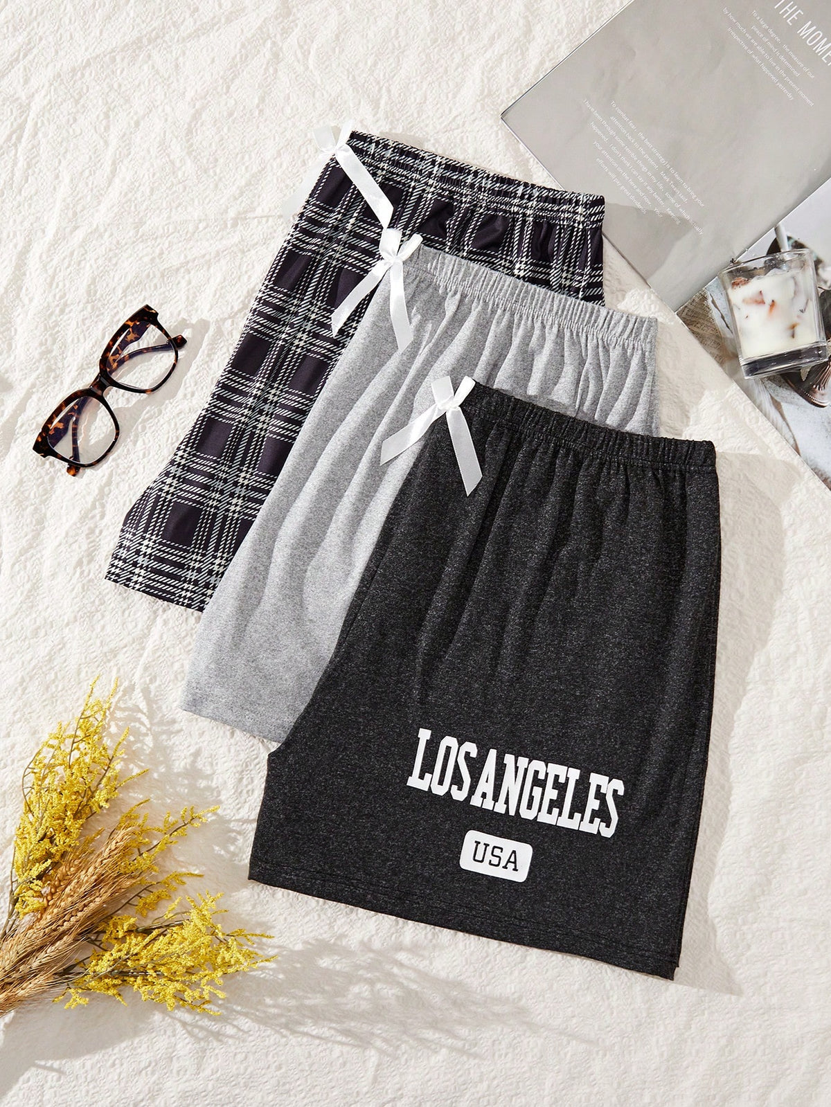 Plus Size 3pcs/Set Shorts & Pajamas With Bow Decoration, Letter Print, Plaid And Solid Colors