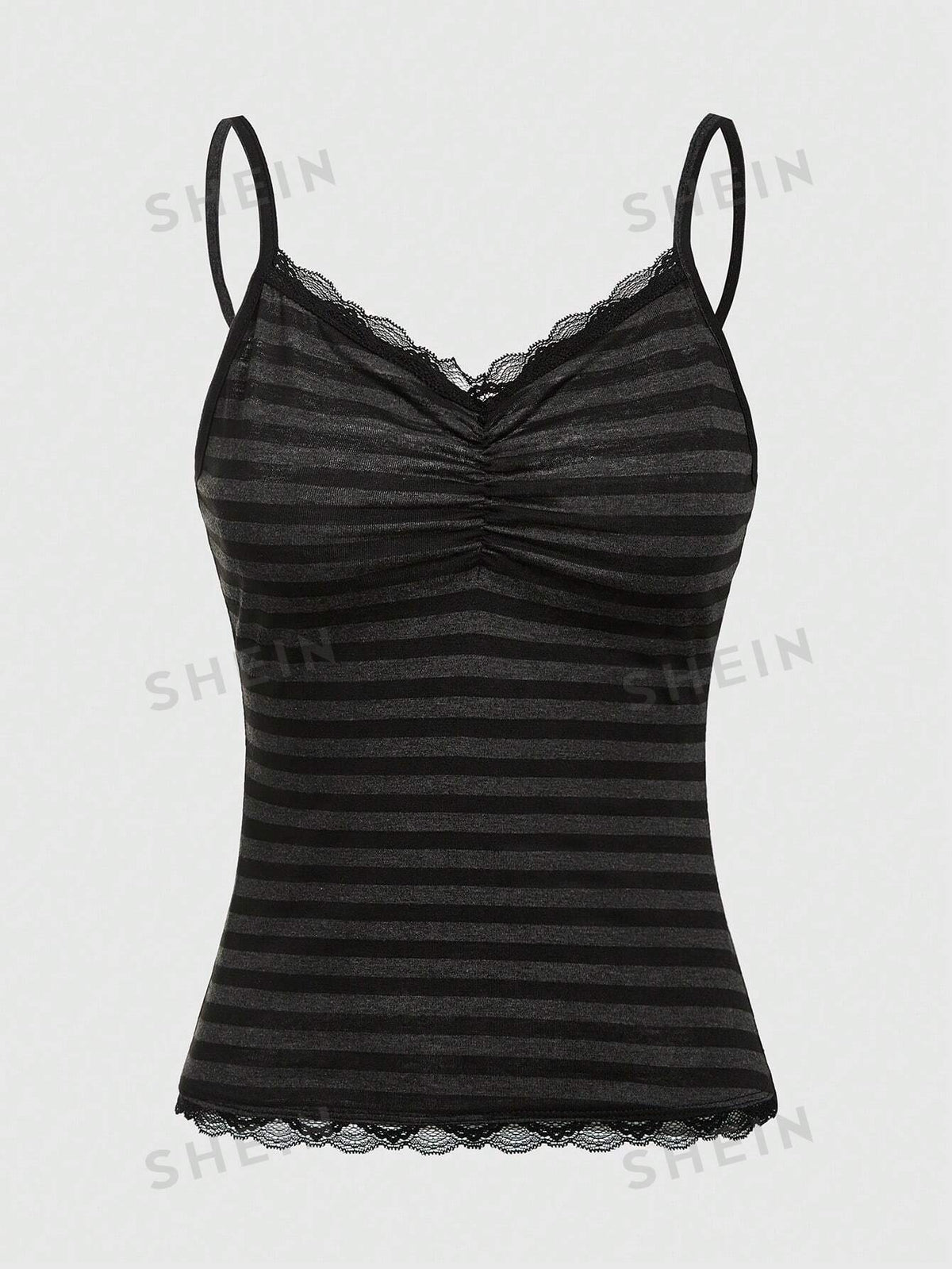 ROMWE Black & Gray Stripe Lace Trim Camisole Top