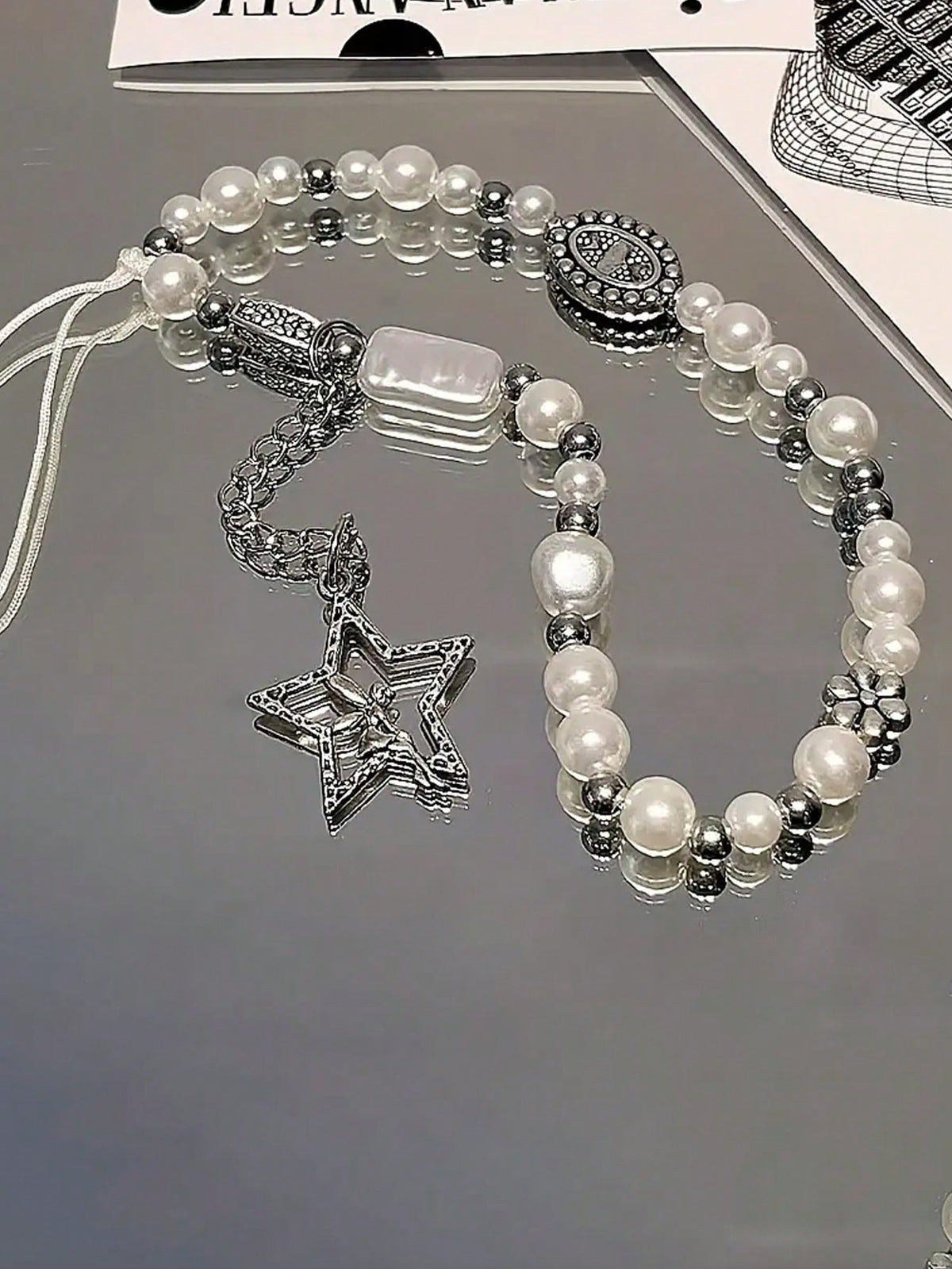 Pearl Beaded Short Wrist Strap With Five-pointed Star & Angel Pendant For Phone Decoration