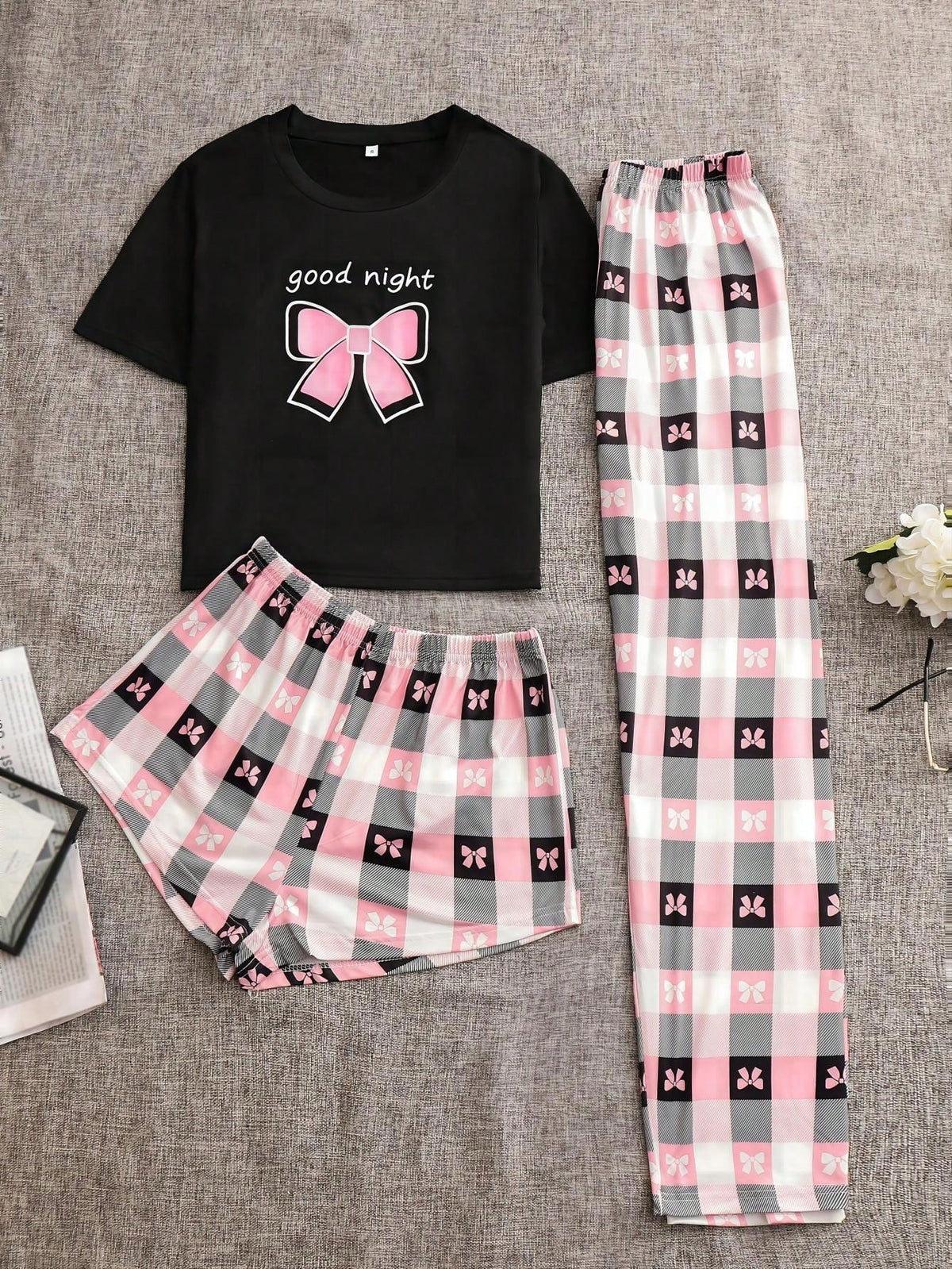 Women's Plus Size Bowknot Print Colorblock Pajama Set