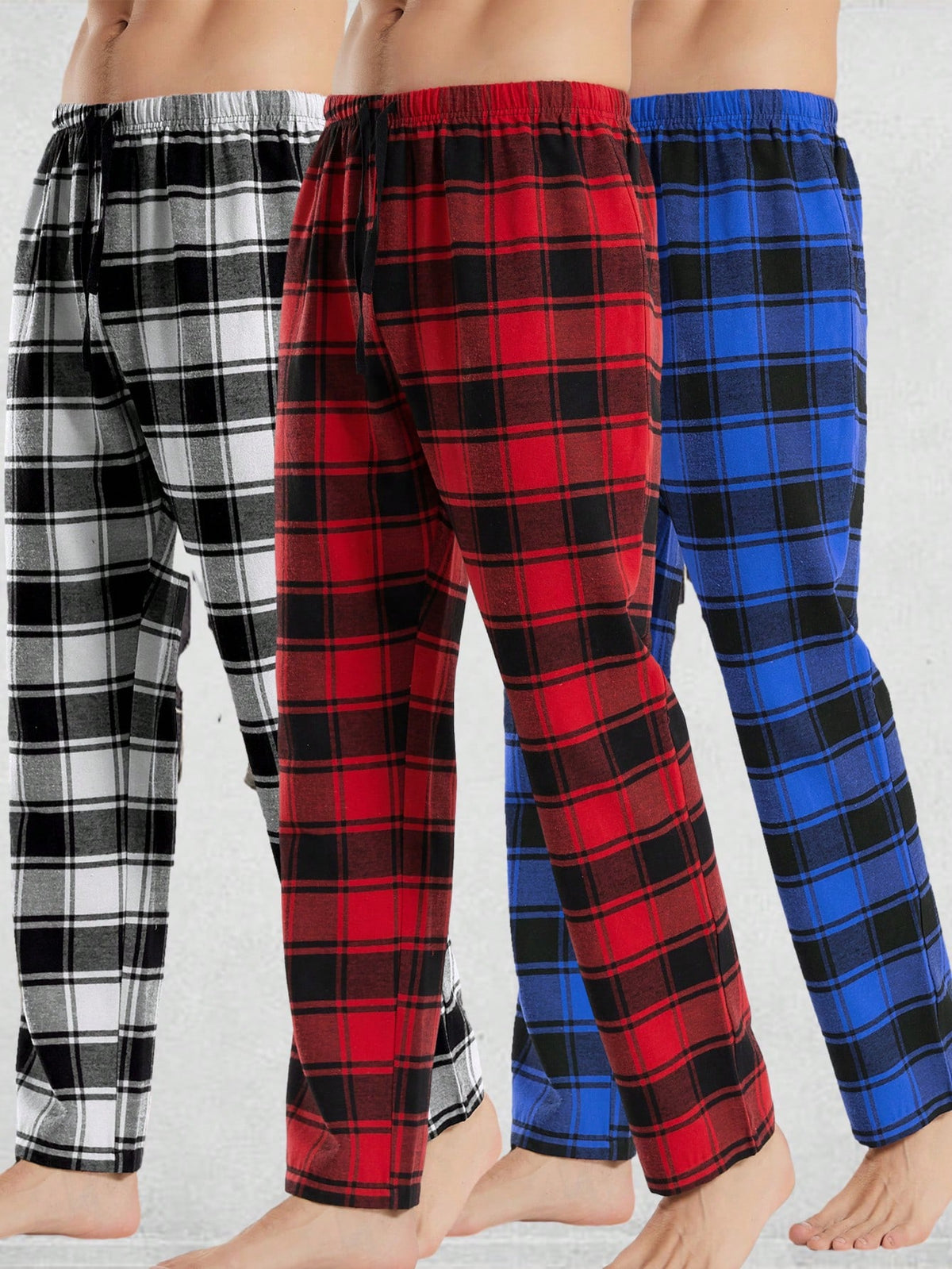 3pcs Men's Casual Plaid Drawstring Waist Pants, Autumn And Winter