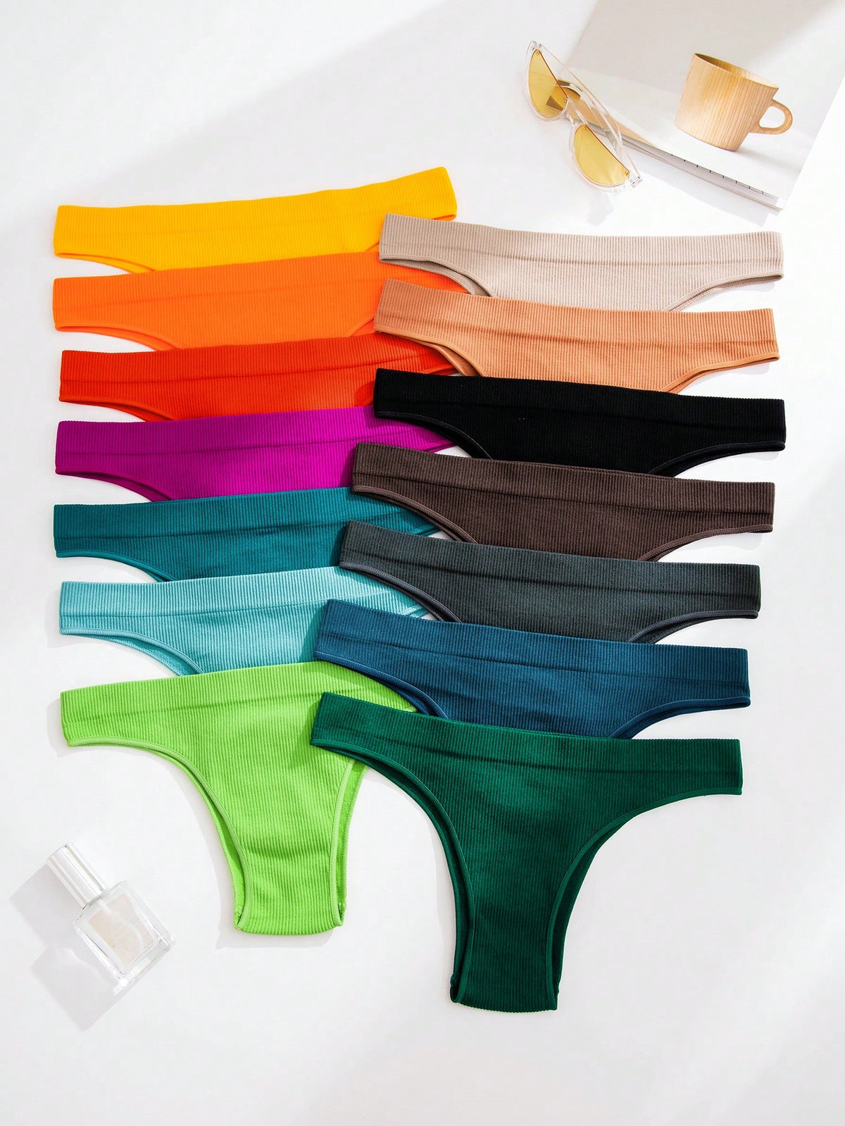 14pcs Women's Seamless Solid Color Ribbed Triangle Panties