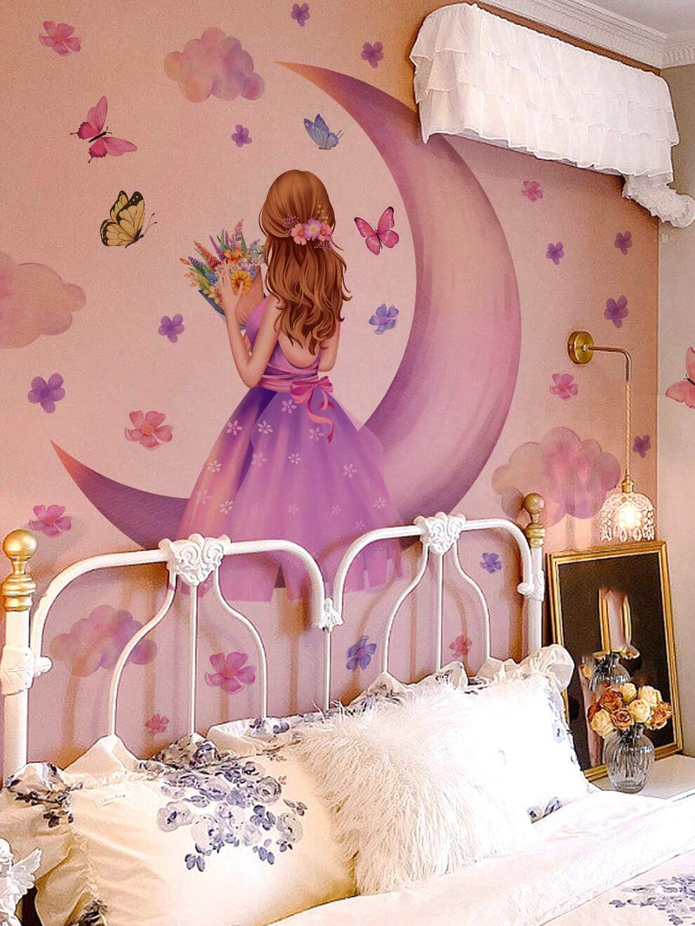 1set/3pcs Large Moon Girl Silhouette Cloud & Butterfly Girls Room Decor Children Bedroom Wall Stickers Home Decorative Wall Decals