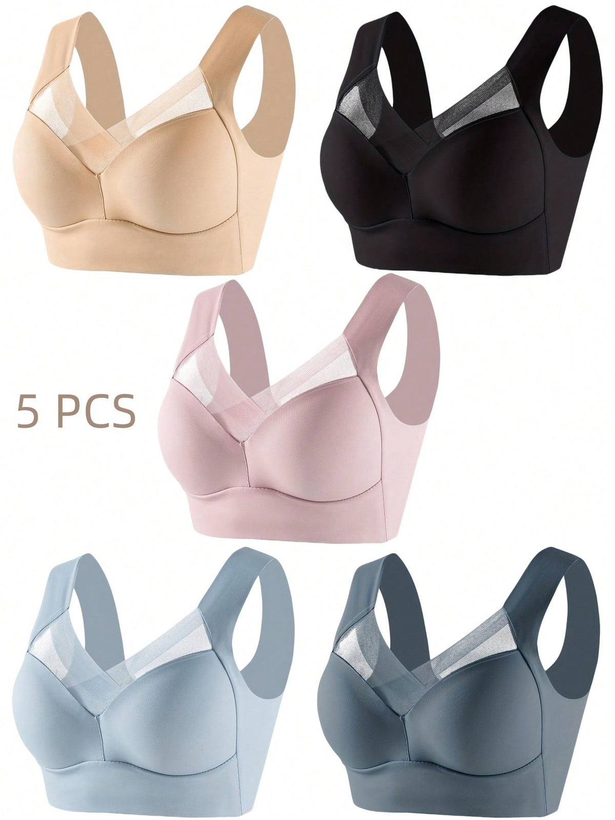 5pcs/Set Women's Seamless Back Beauty Bra, One-Piece Design, Padded & Wire-Free, Thin & Skin-Friendly, No Sense Of Restraint, Sleep Bra, Lingerie