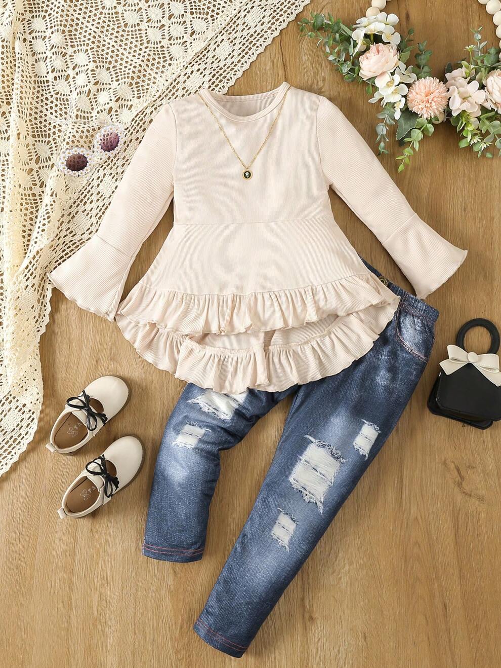 SHEIN Young Girl 2 Pieces Of New Long-Sleeved Tops And Jeans For In Autumn