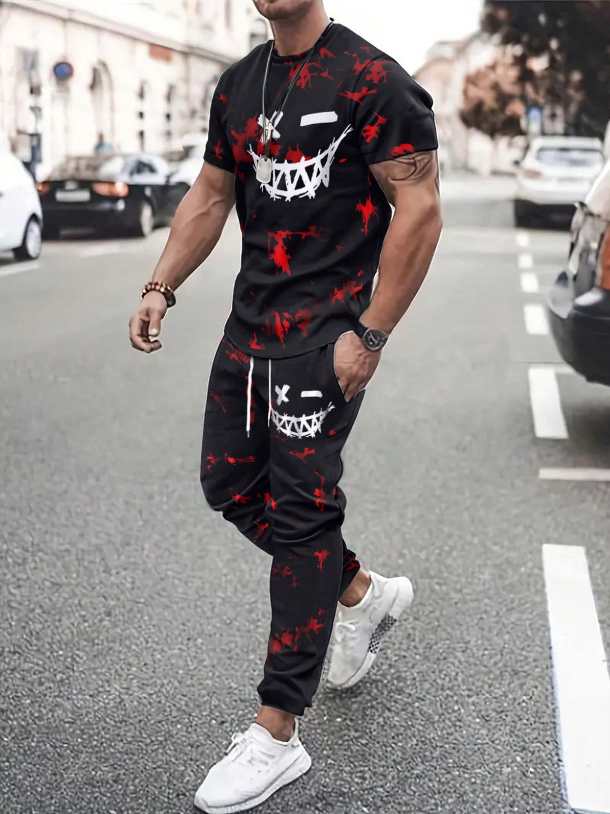 Men Tie Dye Expression Print Tee & Drawstring Waist Sweatpants