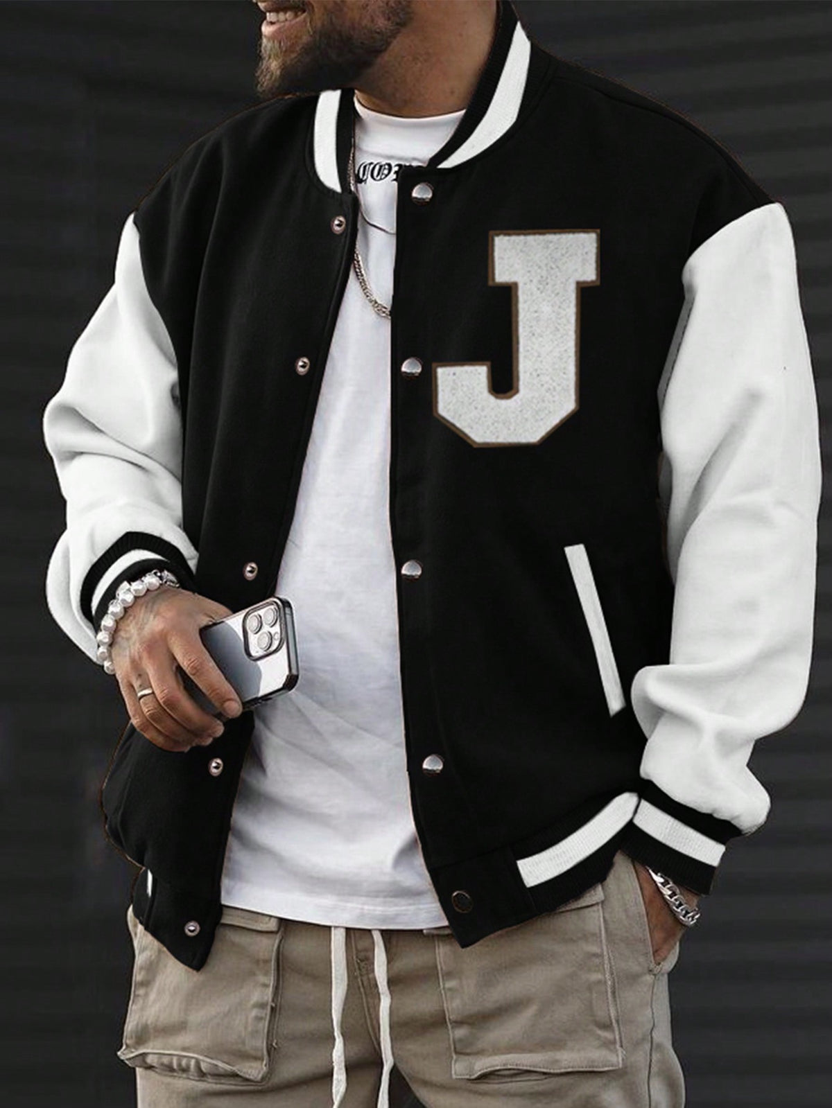 Manfinity Men Letter Graphic Striped Trim Drop Shoulder Varsity Jacket