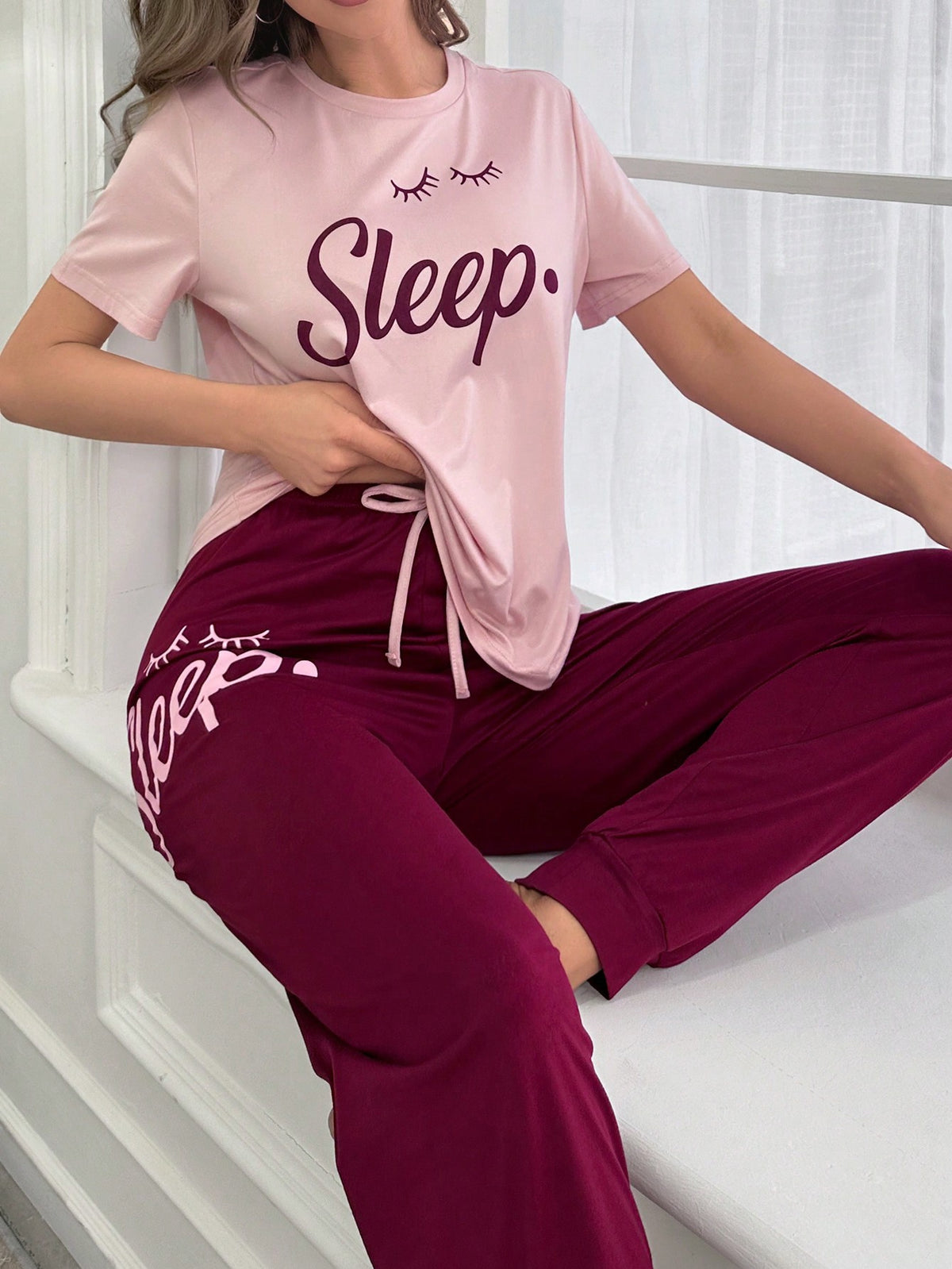 Eyelash & Letter Printed Short Sleeve And Long Pants Pajama Set For Spring And Summer