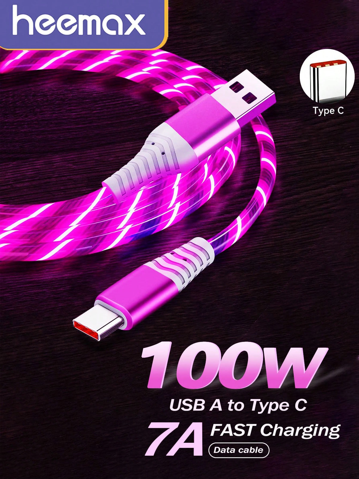 100W Flow Luminous USB A To Type C Cable Fast Charging Cable Compatible With Huawei P50 Honor Xiaomi OPPO Fast Charging Cord Compatible With Samsung S23 S22 S21(Pink)