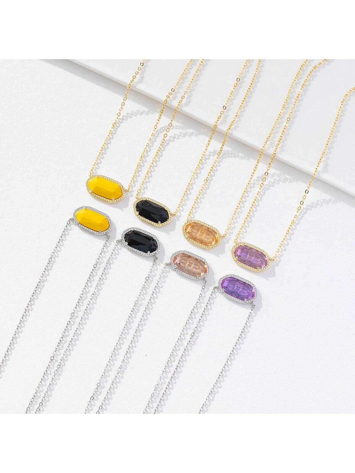 1pc Cute Minimalist Glass Rhombus Inlaid Pendant Necklace, Suitable As A Gift For Family And Women & Girls To Wear