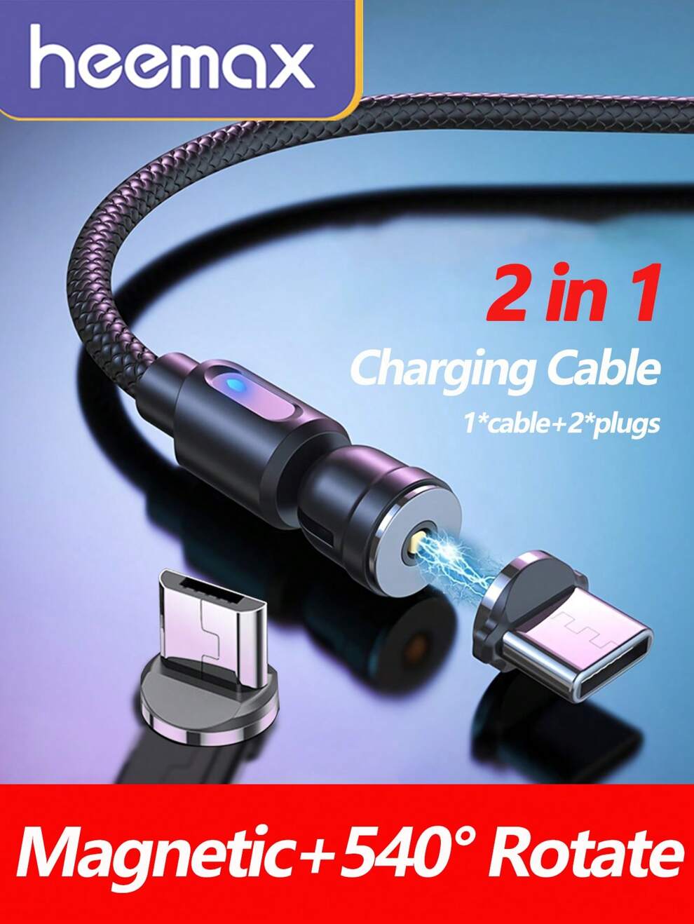 540 Rotate Magnetic USB Cable, (1 Cables+2 Tips) 2-In-1 Nylon Charging Cord , 2.4A USB-A To Type C/Micro Fast Sync Charger Adapter Compatible With Samsung Galaxy S23/S22/S8 S9 S10 Note 9 Note 10, V30