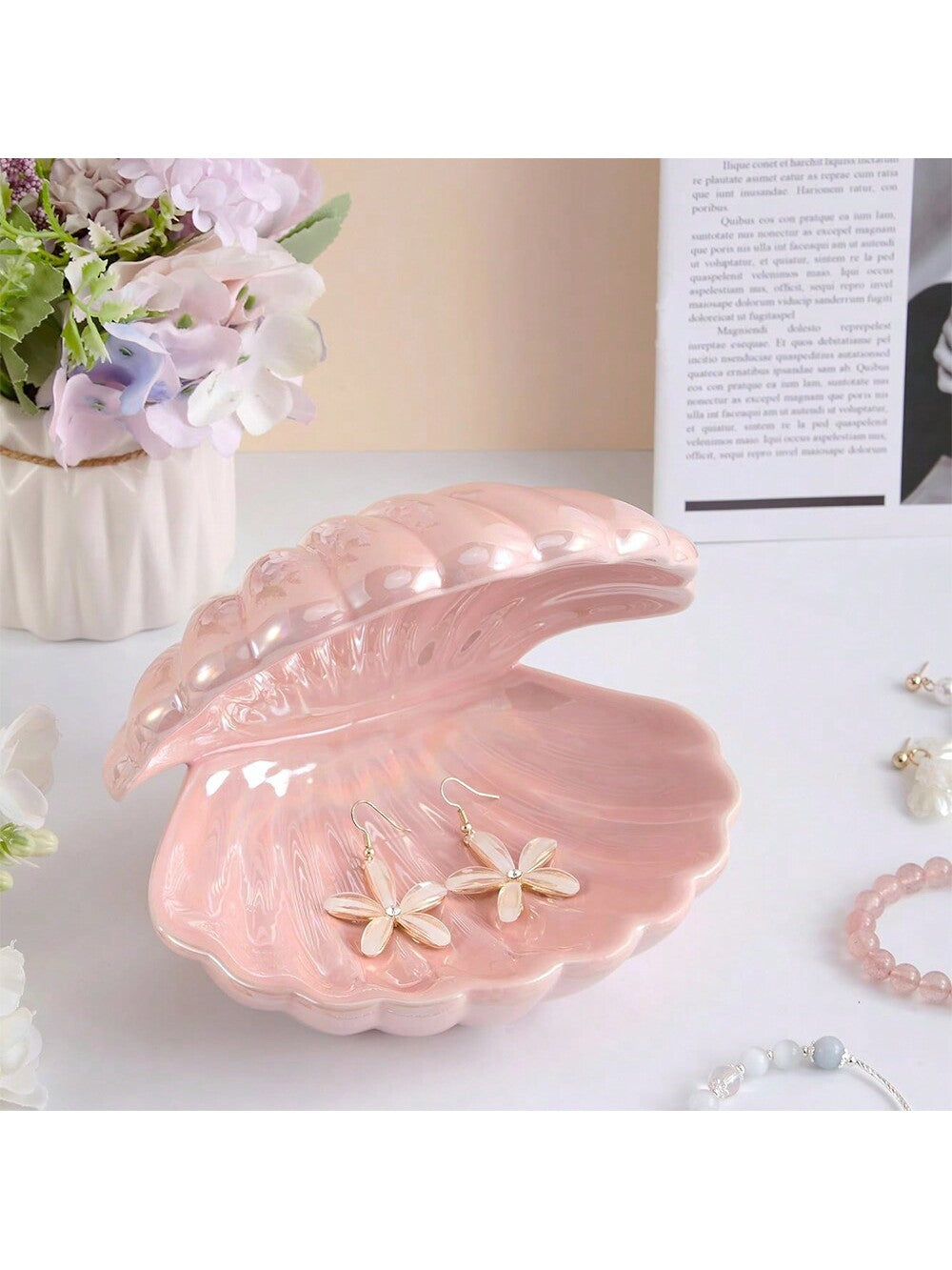 Shell Jewelry Dish Tray, Ceramic Trinket Tray Clamshell Jewelry Storage Dish, Ring Holder Dish Key Bowl, Decorative Jewelry Plate, Cute Jewelry Organizer For Room Decor (Pink),Gift For Valentine's Day