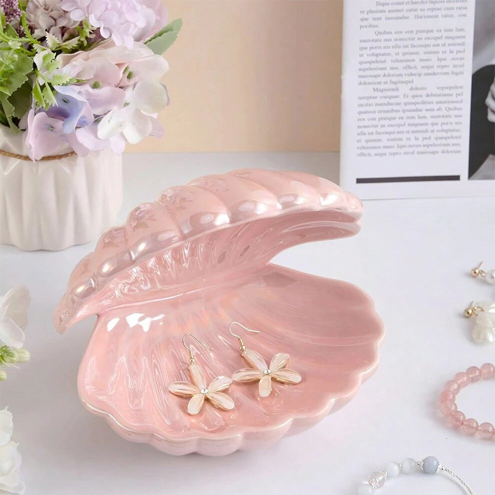 Shell Jewelry Dish Tray, Ceramic Trinket Tray Clamshell Jewelry Storage Dish, Ring Holder Dish Key Bowl, Decorative Jewelry Plate, Cute Jewelry Organizer For Room Decor (Pink),Gift For Valentine's Day