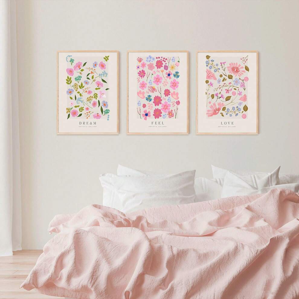 Set Of 3 Preppy Aesthetic Flowers Prints ,Wild Flowers Dream Feel Love Poster,Colorful Pastel Pink Wall Art ,Canvas Painting For Living Room Decor No Frame