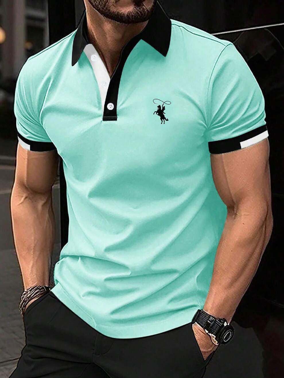 Manfinity Mode Men Horse Graphic Contrast Trim Polo Shirt