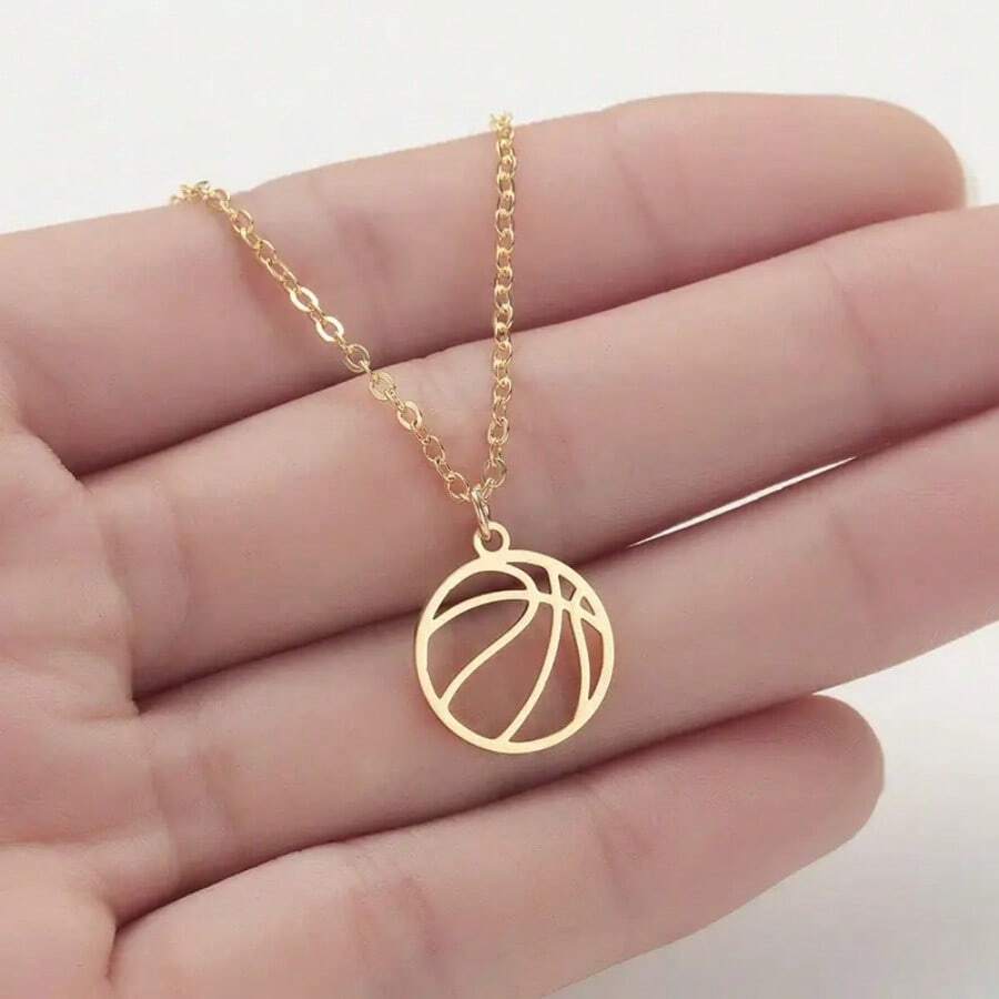 1pc Hip-Hop Stainless Steel Basketball Pendant Necklace, Simple Charm Basketball Sport Collarbone Chain Jewelry For Girls Boys Basketball Player Necklace Accessory