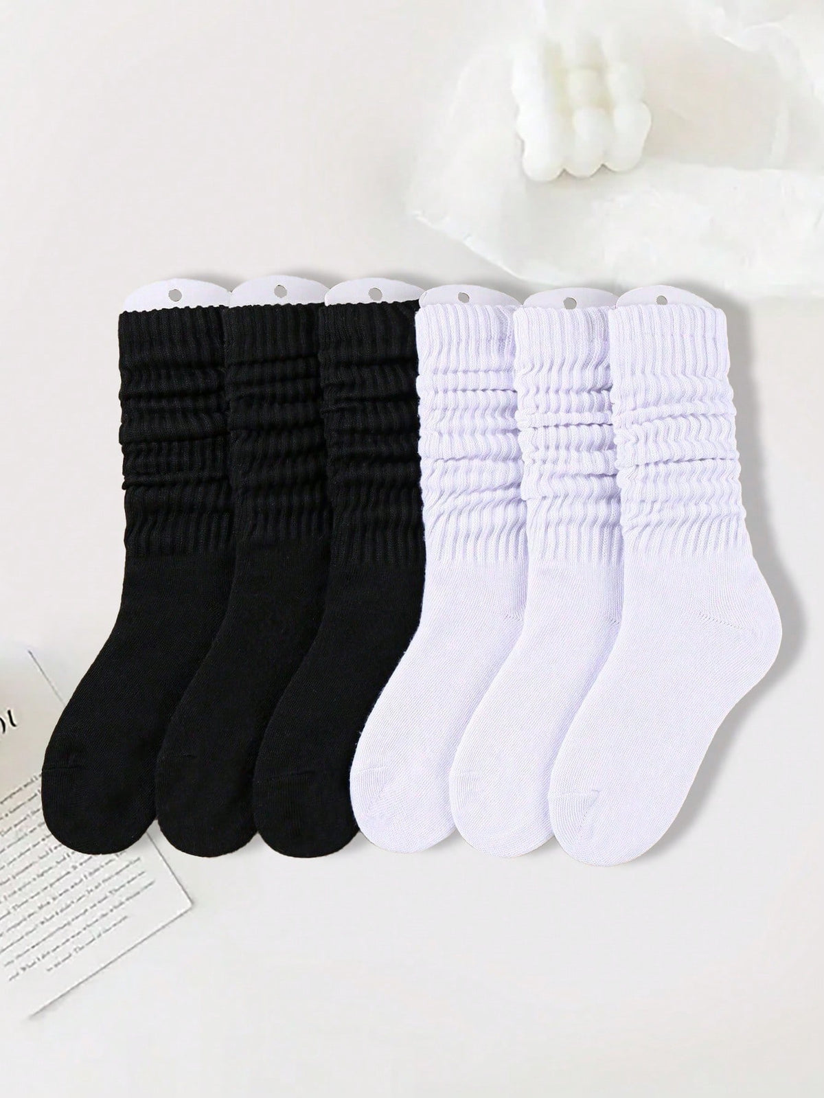 3pairs White Solid Color Basic Pile Heap Socks Mid-Length