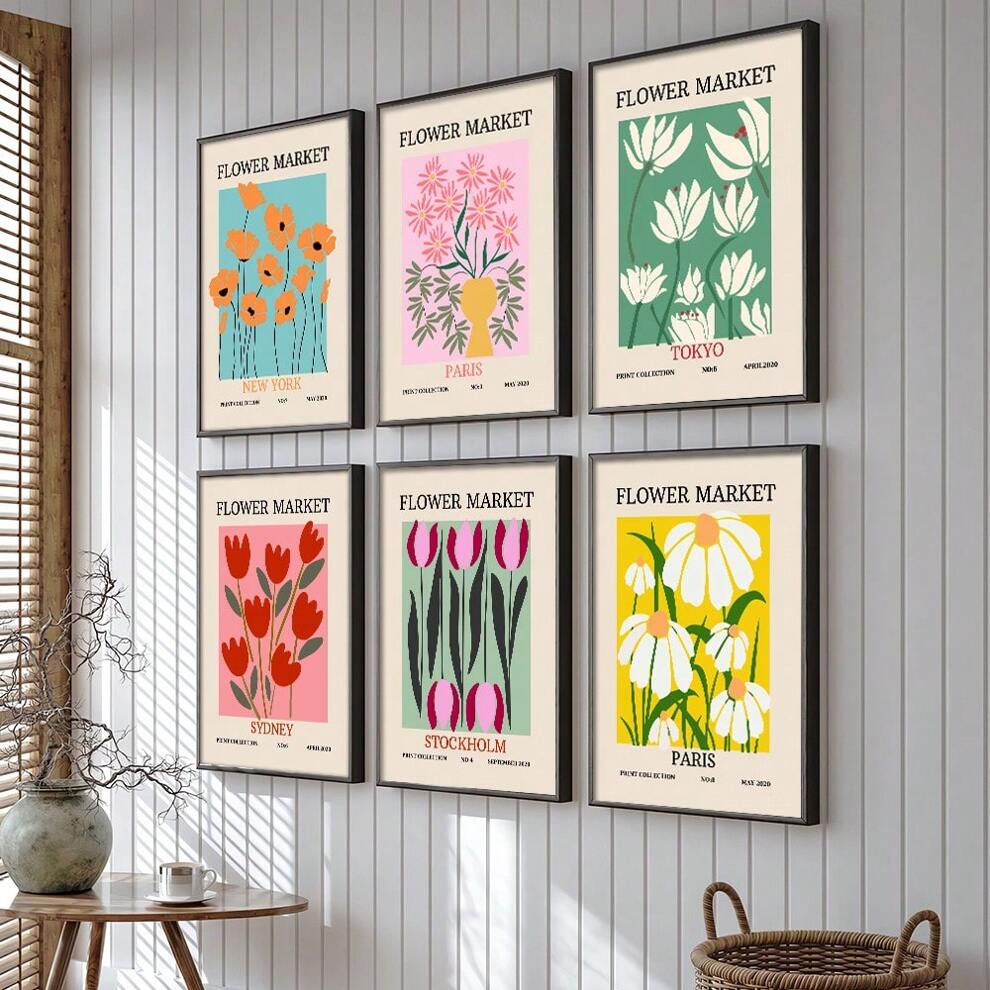 Set Of 6 Retro Art Flower Market Poster Canvas Print Floral Botanical Minimalist Wall Painting Modern Home Living Room Decoration,Frameless