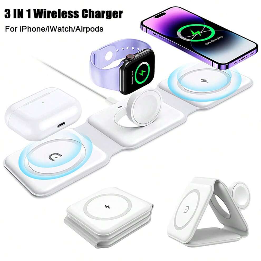 3 IN 1 Magnetic Wireless Charger Compatible With IPhone 15 14 13 12 Apple Watch AirPods Pro 15W Fast Charging Wireless Charger Dock Station Foldable Stand Charge For Men Wowen Gift