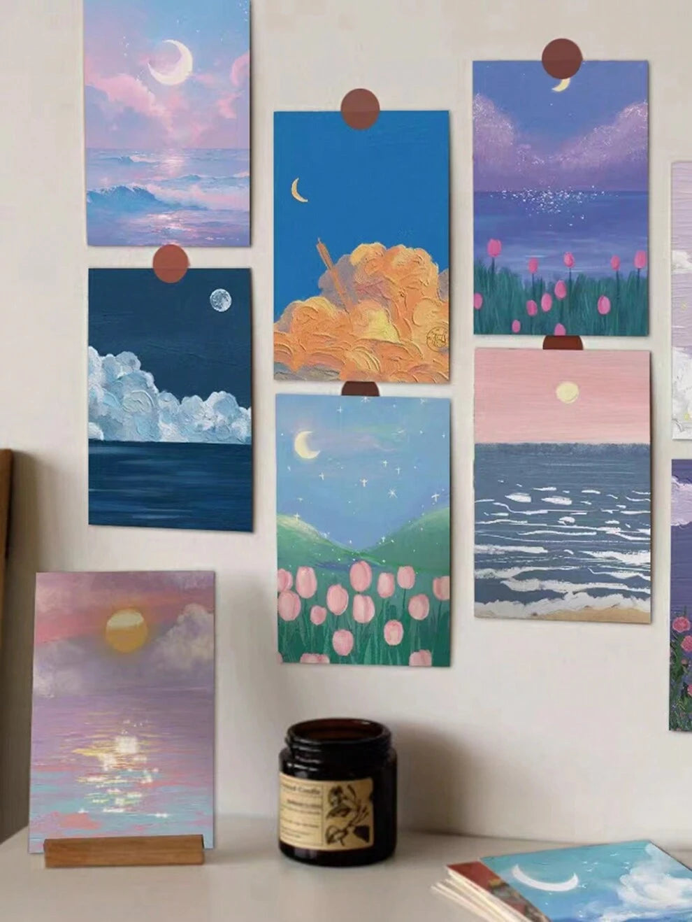 11pcs/Set Small Freshness Oil Painting Decorative Card (10pcs) And Self-Adhesive Sticker (1pc), Home Bedroom Diy Wall Sticker Decoration