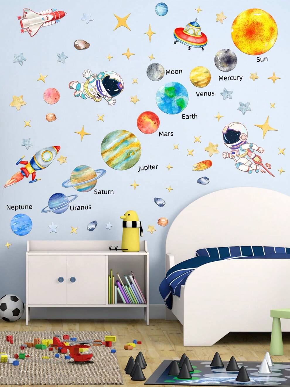 2 Sheets 63x31.5inch Solar System Kids Wall Stickers, Astronaut Stars UFO Planet Space Spaceship Wall Decals, Wall Decor For Baby Boy Girl Room Bedroom Living Room Playroom Classroom Decorations