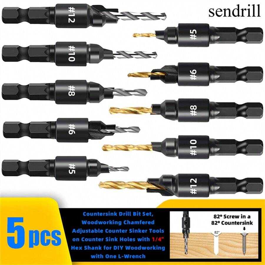 5pcs Woodworking Countersink Drill Bit Set 1/4" Hex Shank Woodworking Six-Angle Bit #5#6#8#10#12