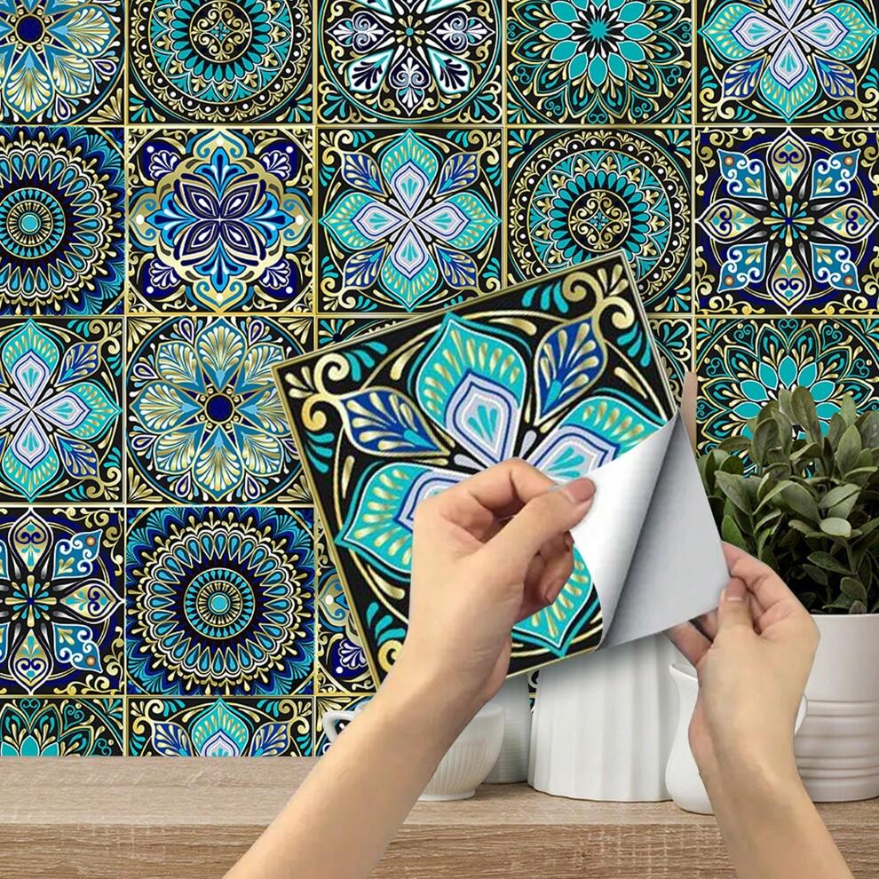 10pcs Mandala Flower Design Matte Floor Stickers For Kitchen, Bathroom, Living Room, Table, Wall Renovation, 15x15cm