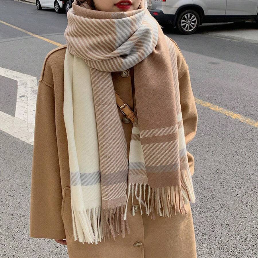 1pc Multicolor Soft Daily Warm Plaid Scarf With Tassel, Autumn & Winter Elegant