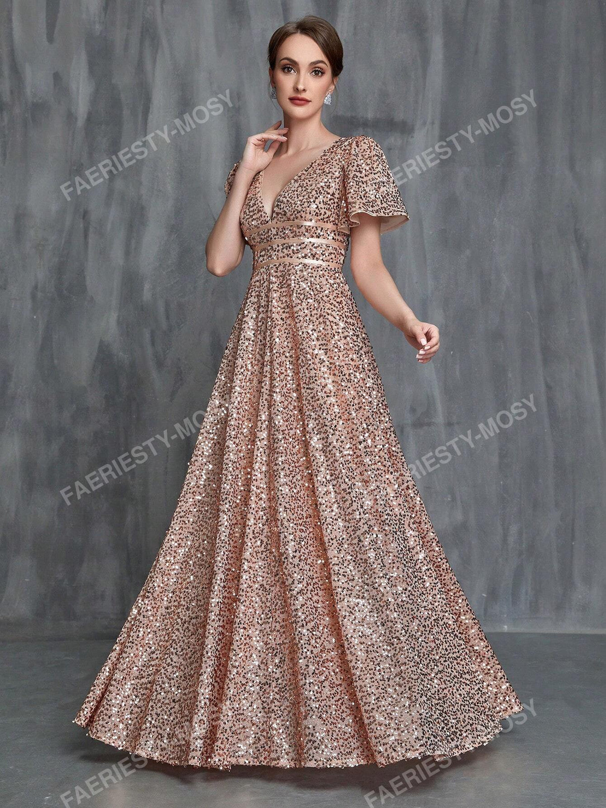 Women's Plunging Neck Butterfly Sleeve Sequin Formal Dress