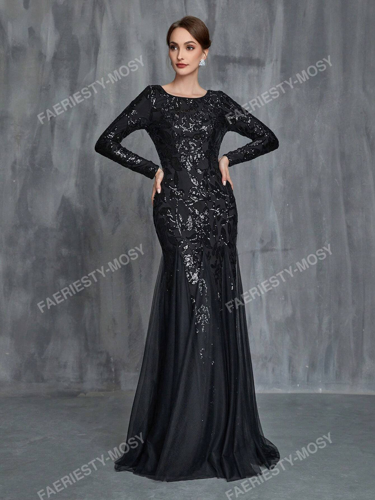 Women's Mermaid Hem Contrast Mesh Sequin Formal Dress