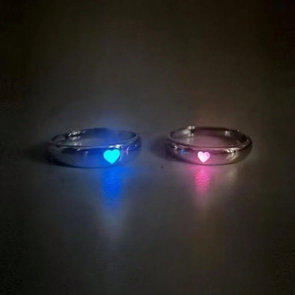 2pcs Cool Luminous Heart Ring, Unisex Adjustable Band Couple Gift For Friend