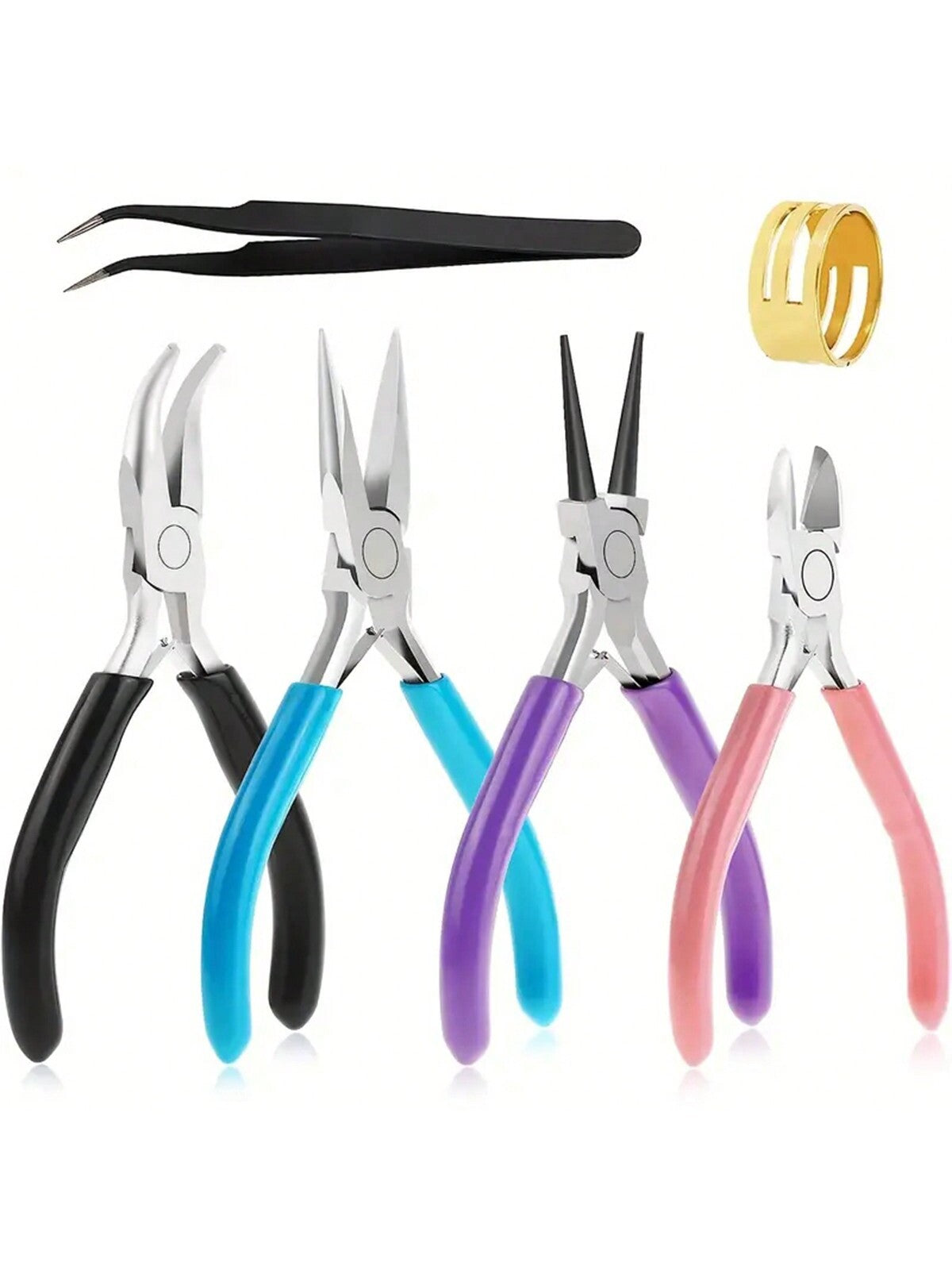 6pcs/Set Jewelry Pliers & 4pcs Rings & 1pc Black Tweezer & 1pc Tool Kit Including Needle-Nosed, Round-Nosed Pliers, Wire Cutters, Curved Nose Pliers For Beading, Wrapping, Repairing, Essential Tool Ki