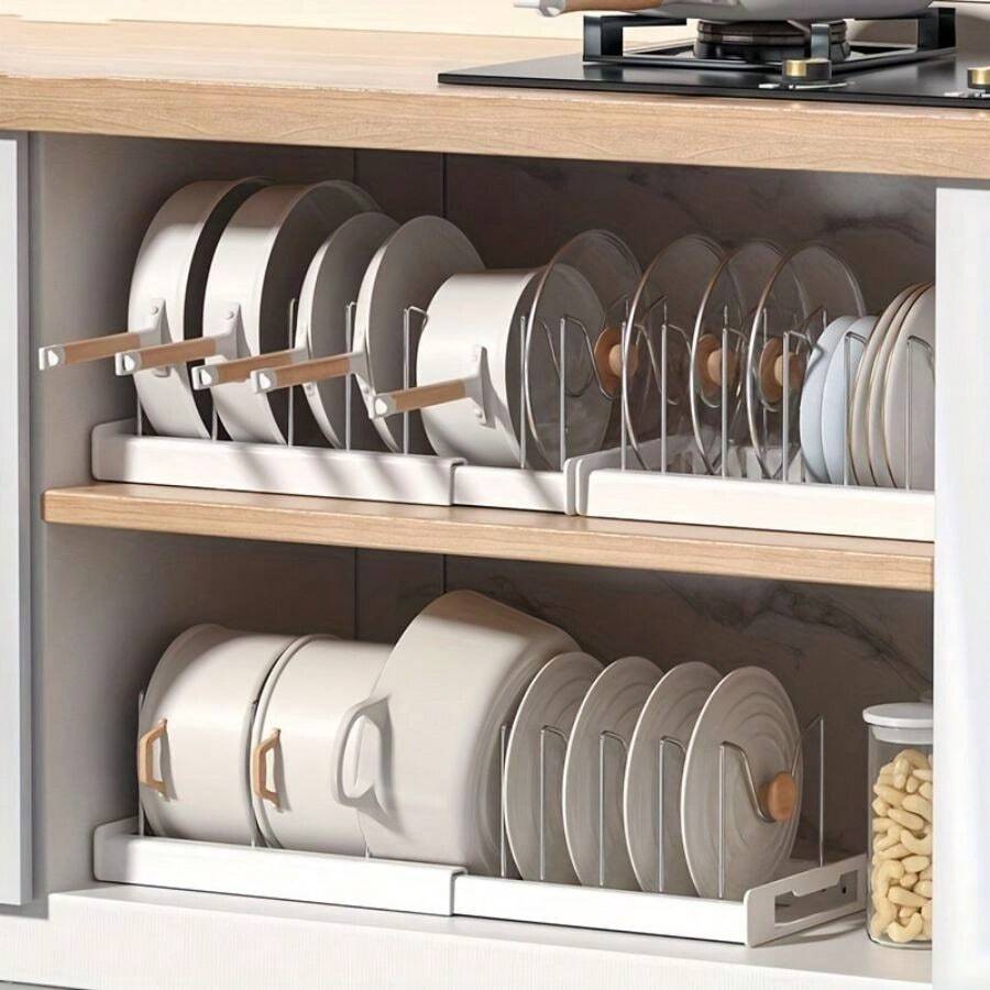 1pc Multi-Purpose Pot Organizer Rack With Adjustable Dividers For Cabinet, Expandable Pot Racks, Pots And Pans Organizer For Kitchen Cabinet, Home Kitchen Accessories