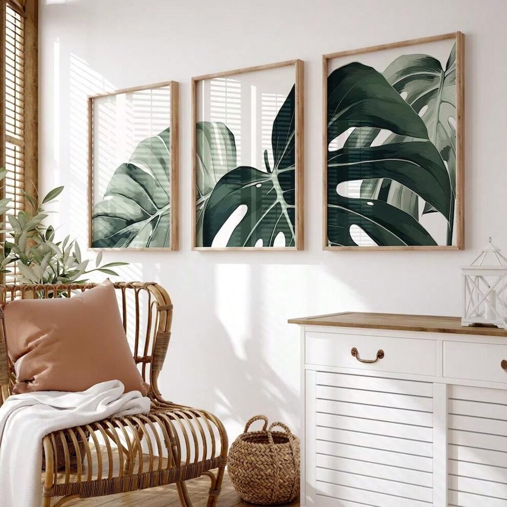 Set Of 3 Tropical Plant Monstera Leaf Painting Triptych Botanical Illustrations Art Canvas Poster Print Minimalist Wall Picture For Living Room,Bedroom,Office Room,Dinging Room,Home Decoration,Unframe