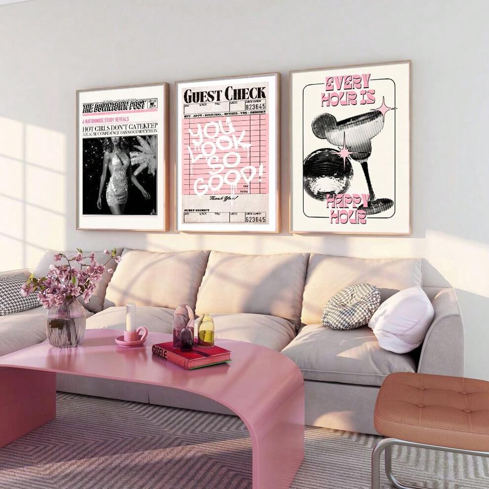 Set Of 3 Preppy Retro Aesthetic Y2K Poster Funky You Look So Good Guest Check Happy Hour Disco Ball Trendy Painting Canvas Print Bar Cart Wall Art Decoration Picture,Living Room Dining Room Home Decor