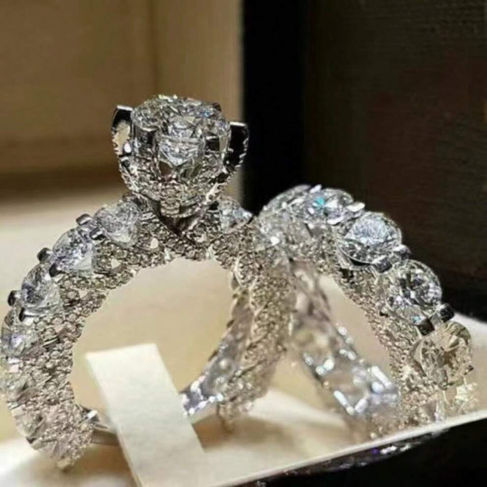 Fashionable Luxury 2-In-1 Cz & Diamond Encrusted Engagement & Wedding Ring For Women